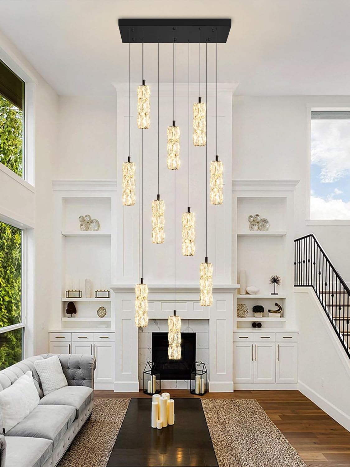10-Light Modern LED Pendant Lighting Fixture for Kitchen Island Raindrop Crystal Chandelier Black Chandelier for Dining Room High Ceiling Chandelier for Staircase Foyer Hallway Villa