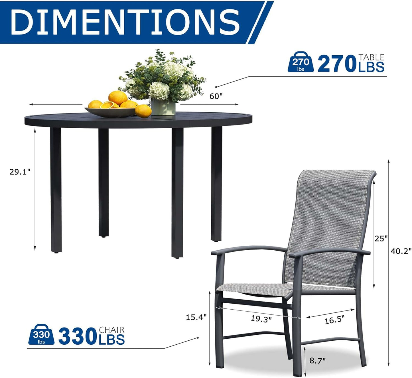 9 Piece Outdoor Dining Set, Patio Table and Chairs Set of 8, 60" Black Round Patio Table with 8 Grey Outdoor Patio Chairs for Lawn, Garden, Porch