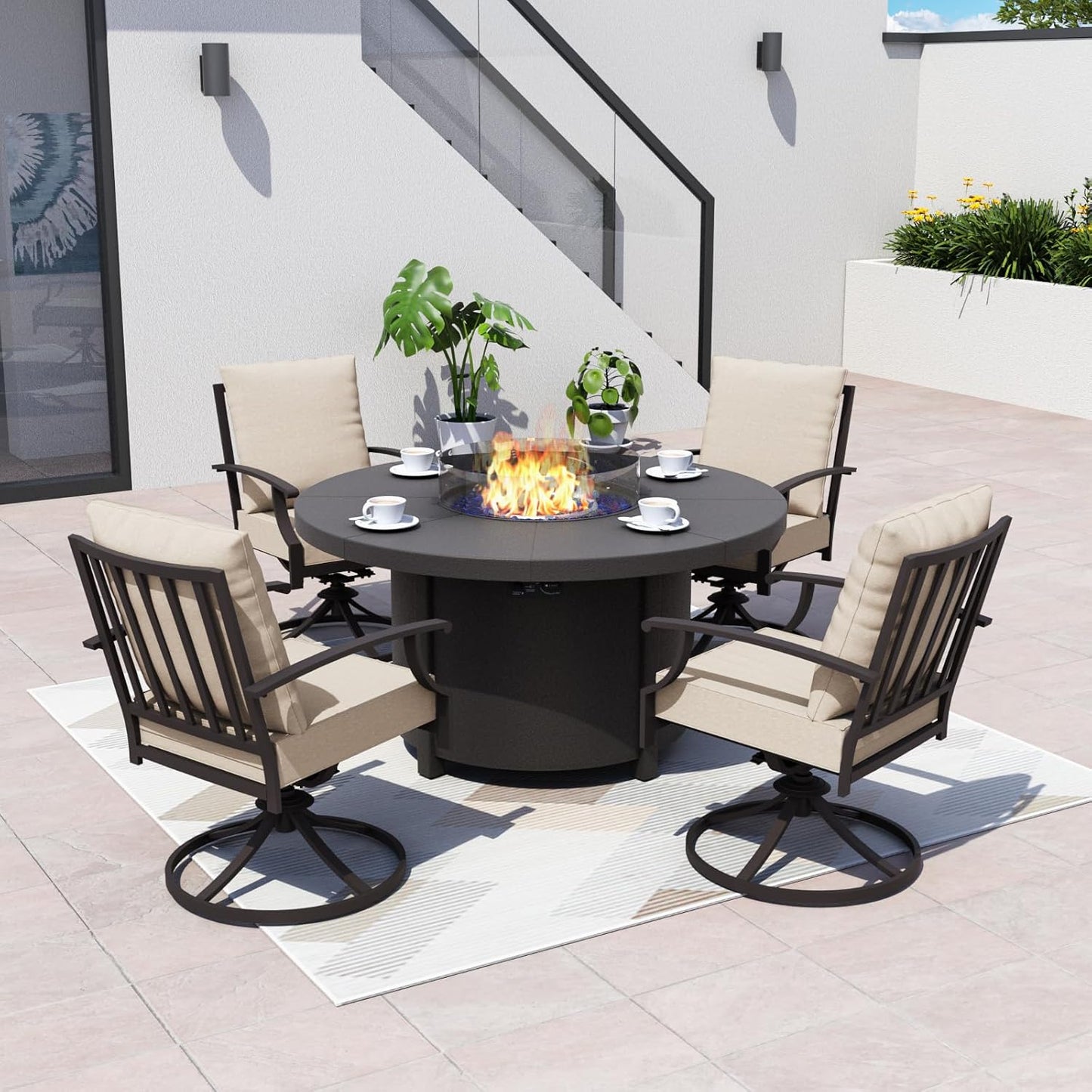 Kurapika 5 Piece Metal Outdoor Patio Furniture Set with Round Fire Pit Table, Patio Conversation Sets 4 Swivel Chairs with Thick Cushion and 40000 BTU Fire Pit Table, Sand