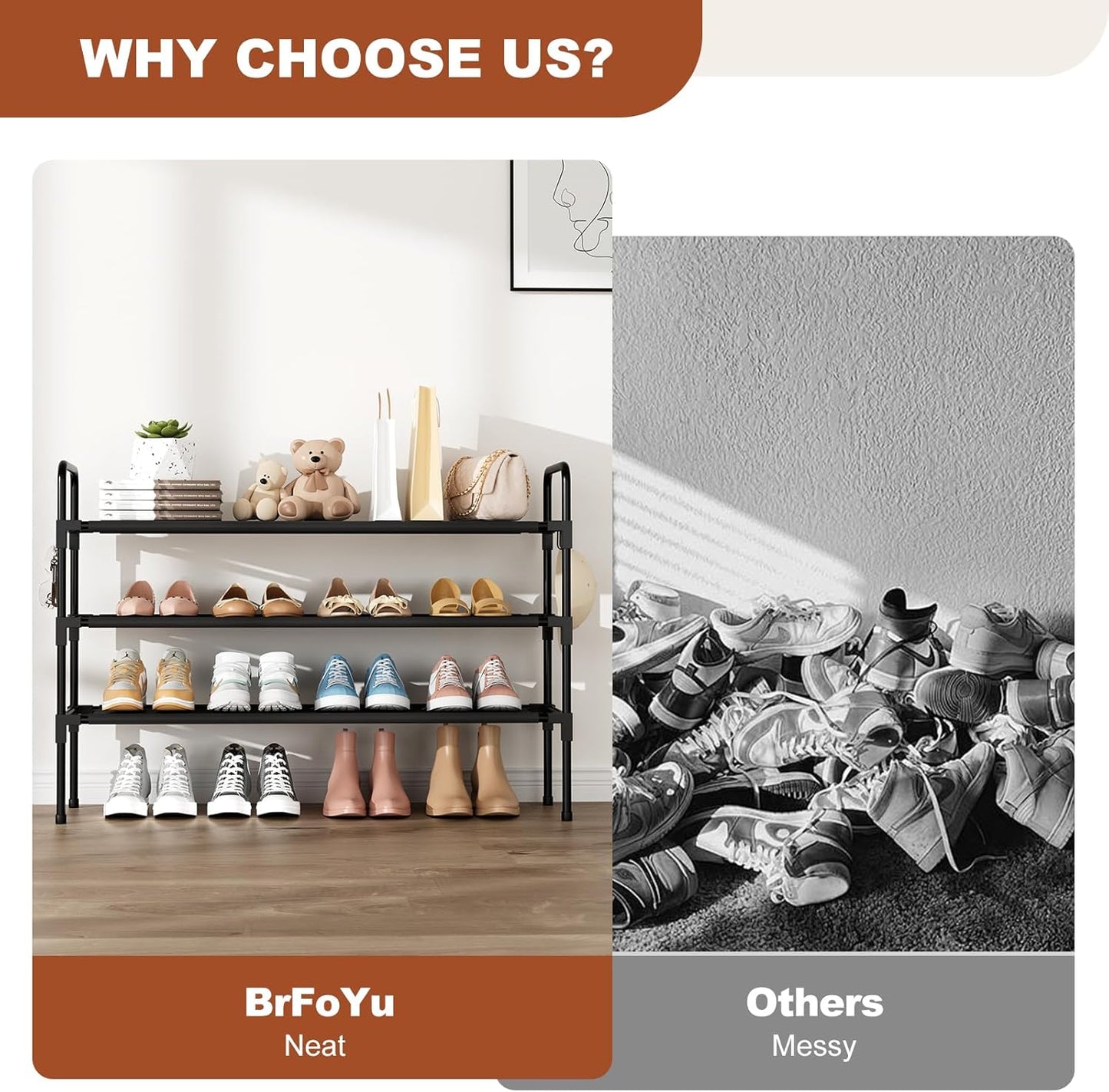 3-Tier Shoe Rack for Closet, Stackable Shoe Organizer with 5 Hooks, Long Shoe Shelf Storage for Sneakers & Boots, Free Standing Shoe Rack for Entryway Dorm Garage Small Spaces, Black