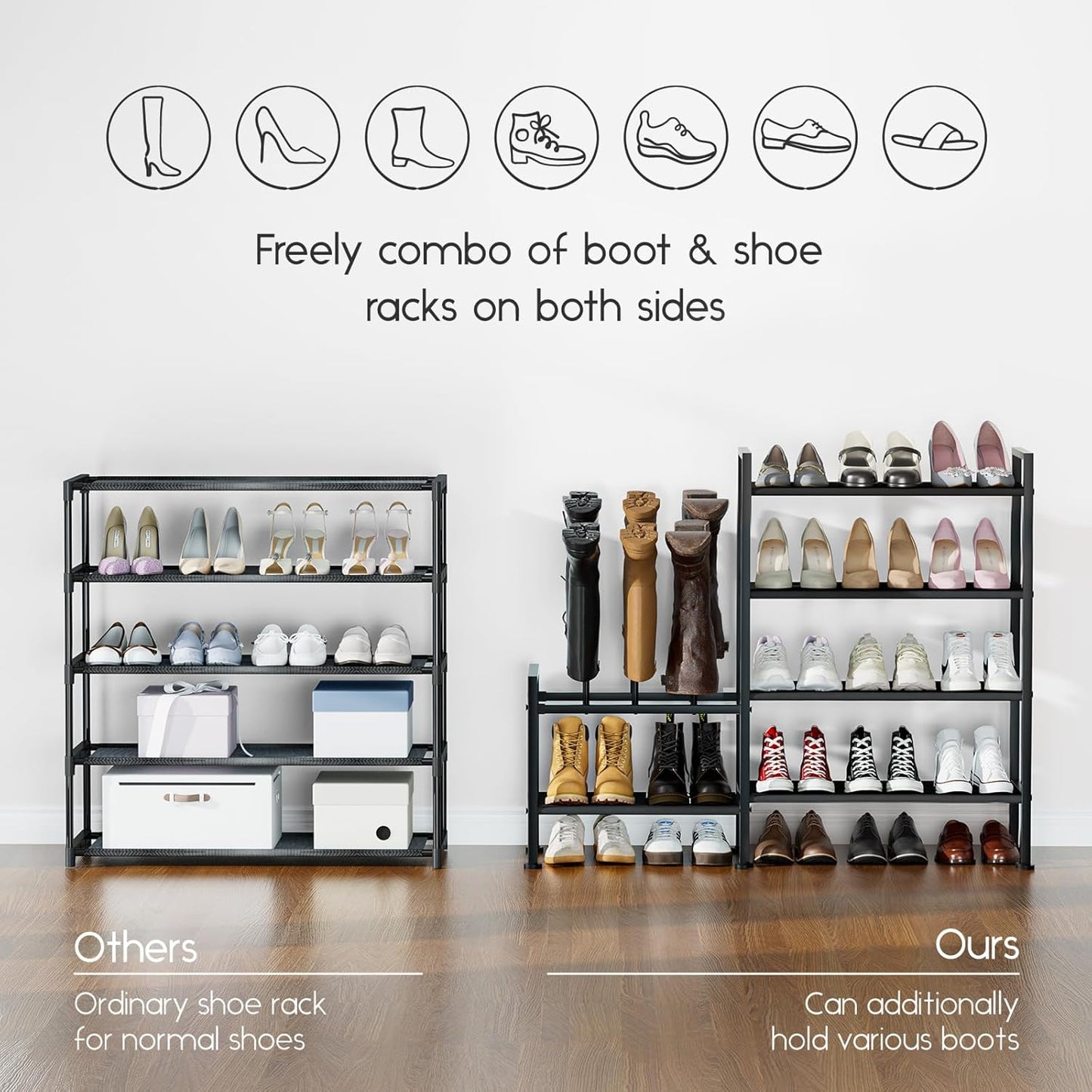 Shoe Rack Organizer and Storage - 4 Tier Metal Shoe Rack with Boot Storage & Side Any Combination - Space Saving Shoe Shelf for Entryway, Bedroom, Closet, Garage, Small Spaces
