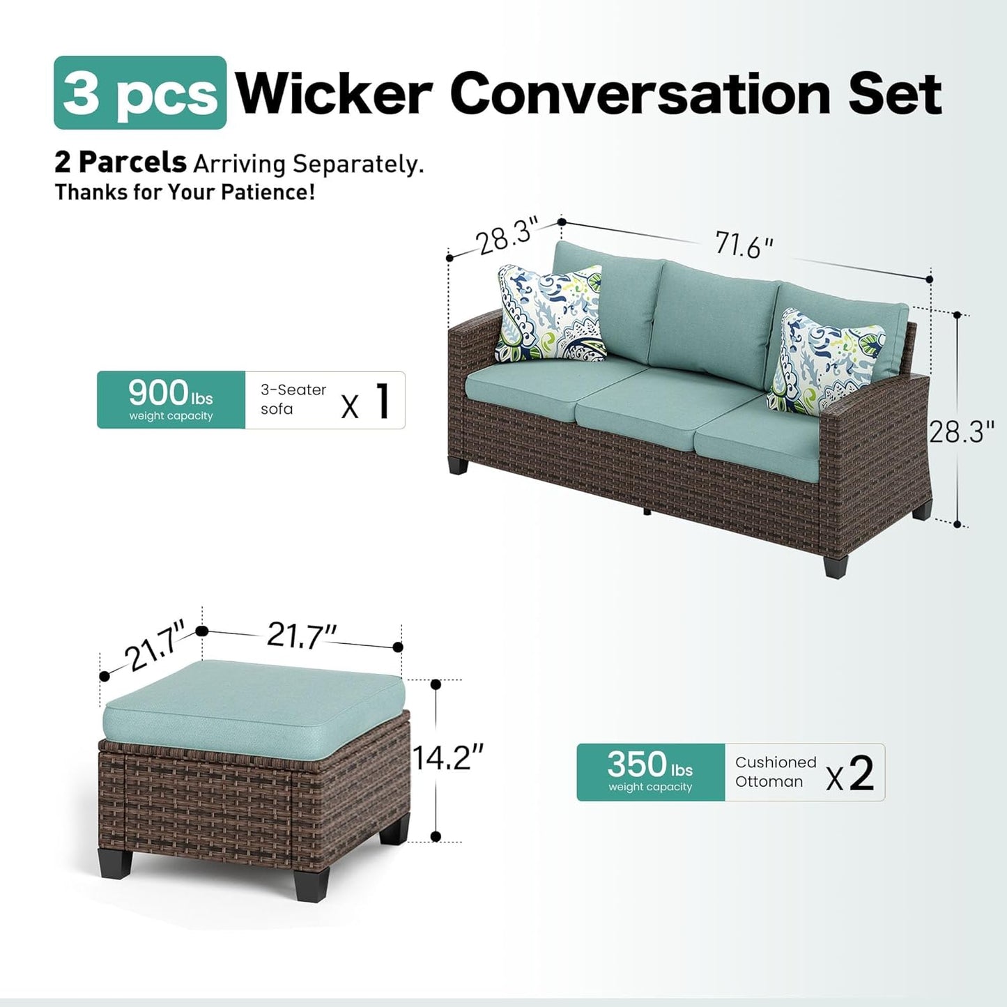 L-Shaped Outdoor Furniture Set, 5-Seat Couch With 2 Ottomans, Durable Rattan Sofa for Small Patios, Modular All-Weather Use, Blue