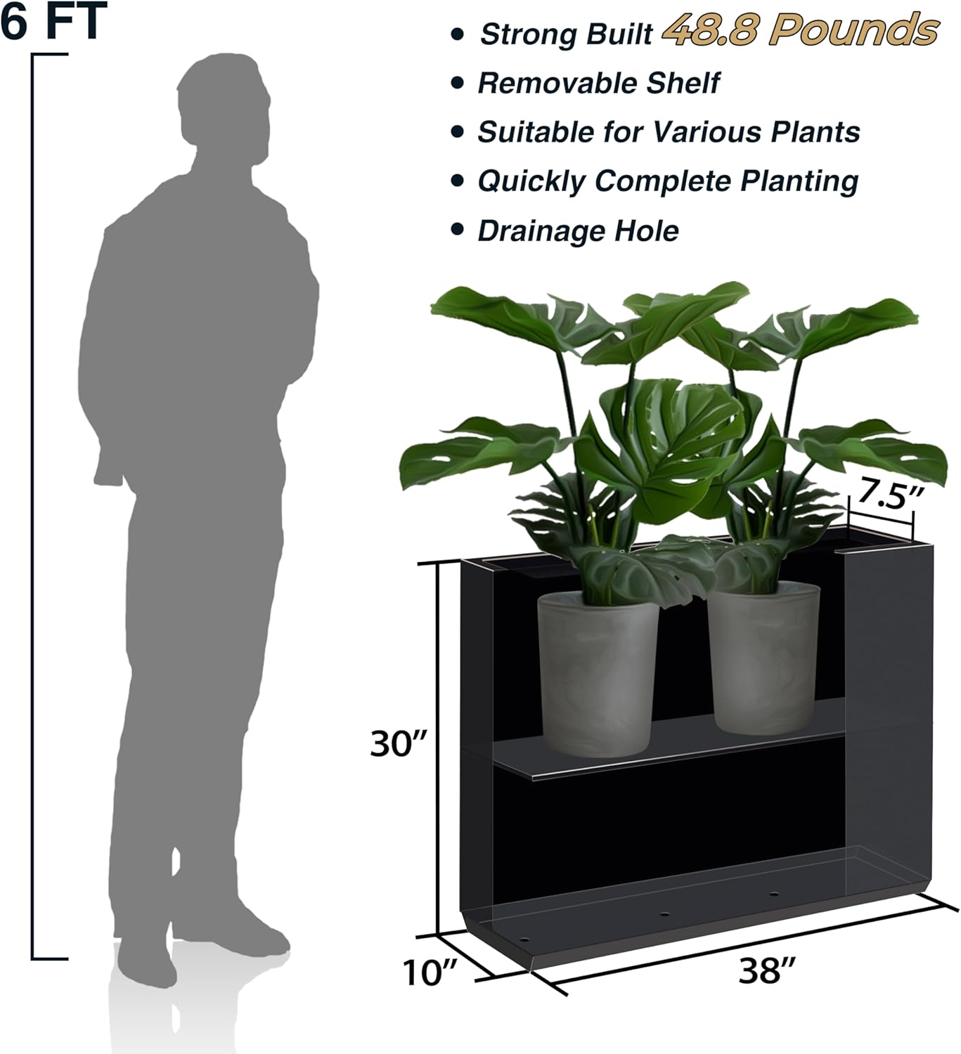 Wallowa Metallic Heavy Outdoor Planter Box, Span Planter, Pure Black with Hand Brushed Gold Rim, Long and Tall Divider Planter, No Assembly and Seamless, 38”Lx10”Wx30”H 48.8 Pounds