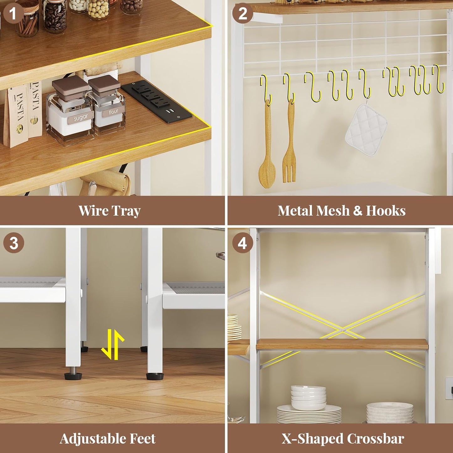 L-Shaped White Bakers Rack with Power Outlet, Kitchen Storage Rack with Hooks, Wire Shelf with Open Storage, Mesh Grid, Wire Basket