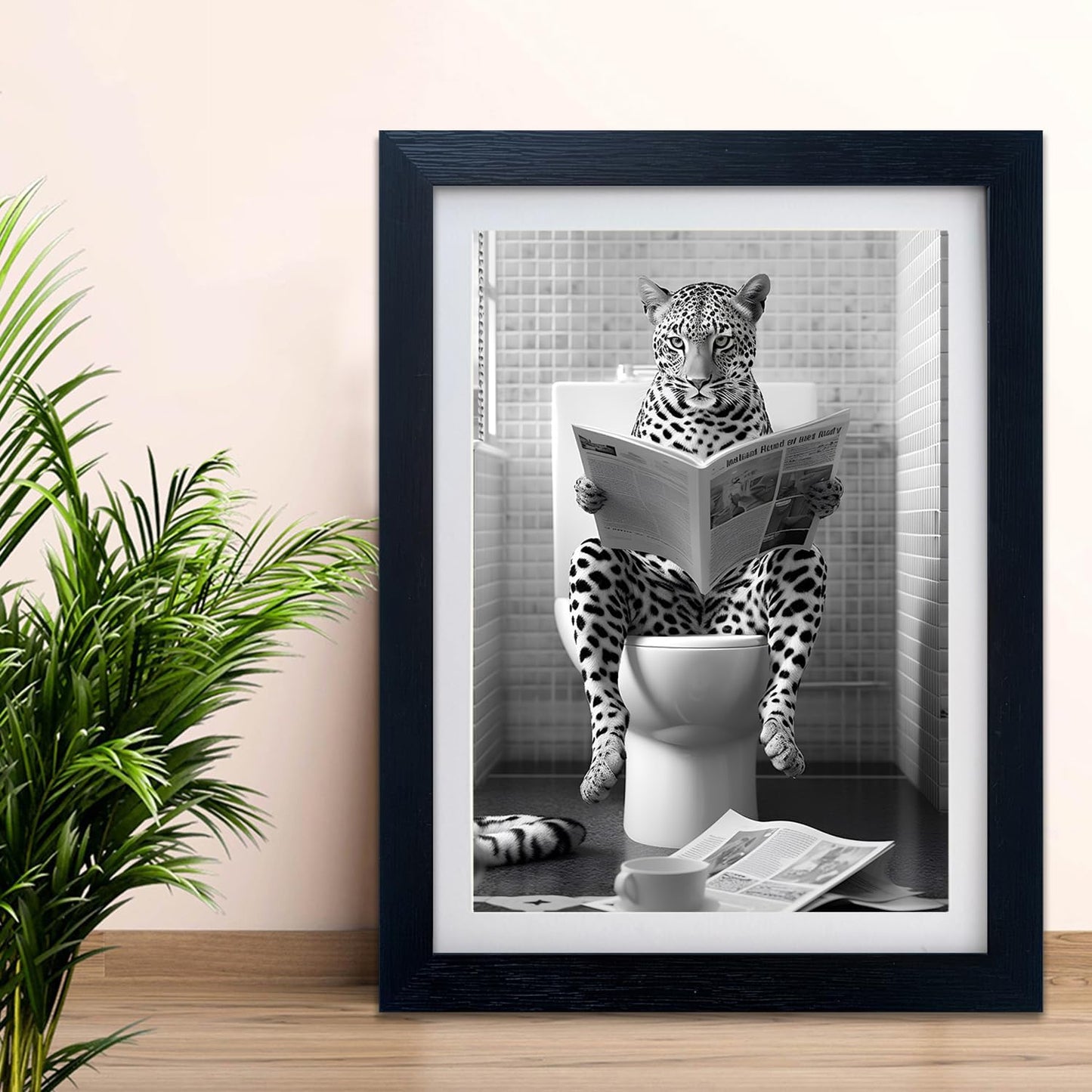 Bathroom Decor Wall Art Leopard in Toilet Signs Black and White Funny Animal Canvas Print Kids Bathroom Decor Artwork