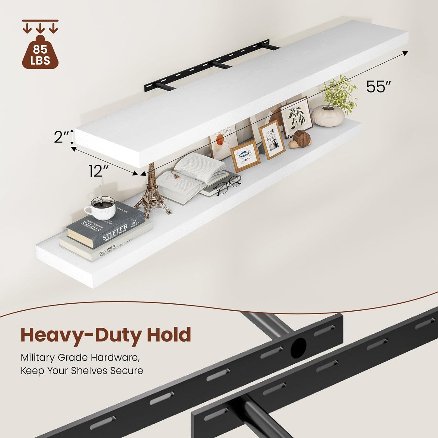 Vivelove White Floating Shelves for Wall, 55 Inch X 12 Deep Shelves for Room Wall Mounted,2" Thick Heavy Duty Holds 85lbs Floating Shelf for Bedroom Bathroom Kitchen Laundry Room, Set of 2