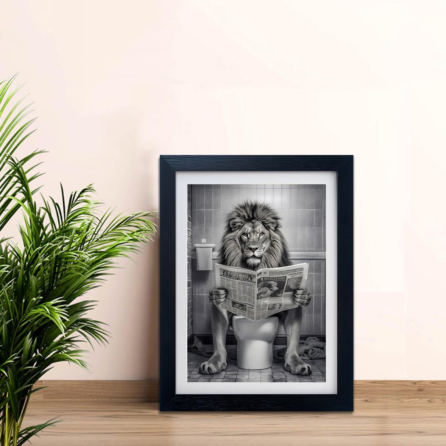 Black and White Bathroom Wall Art Lion in Toilet Decor Bathroom Picture Funny Animal Canvas Print Artwork