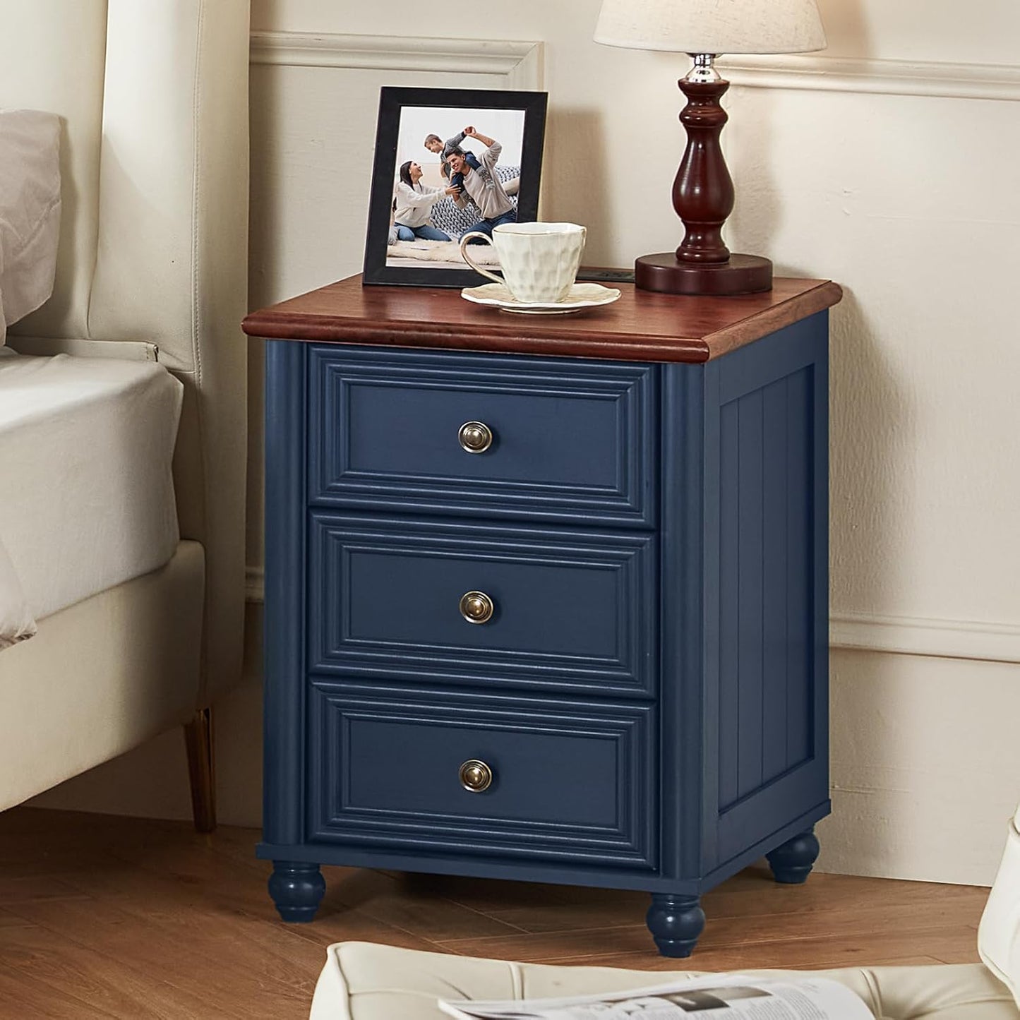 18" Farmhouse Nightstand with Charging Station and USB Port, Blue Night Stand with 3 Drawers, Wood Bedside End Table with Storage, Bed Side Tables for Bedroom Living Room and Closet