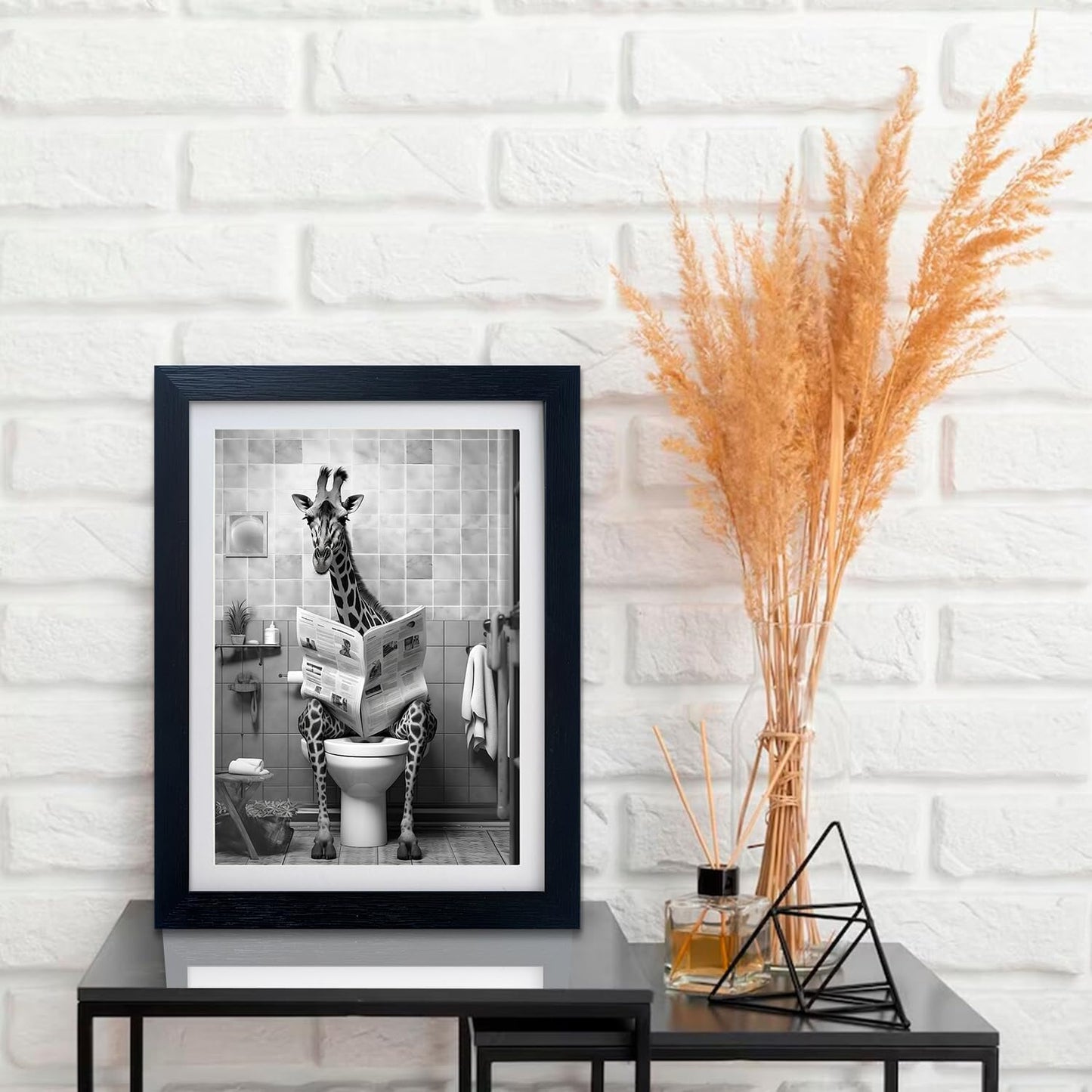 Funny Bathroom Wall Art Black and White Bathroom Wall Decor Giraffe in Toilet Framed Animal Painting Canvas Print Artwork