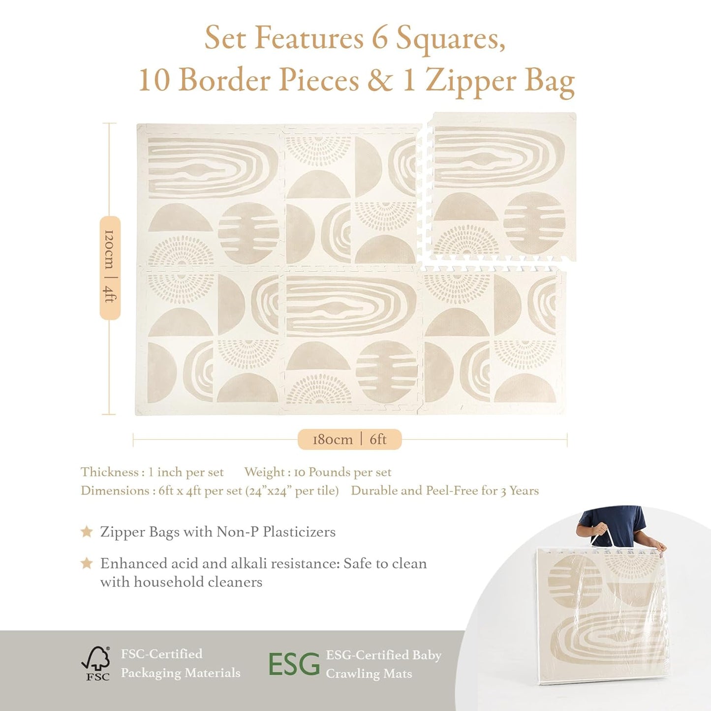 PopsyKosy Super 1 Inch Thick Premium Quality Exercise & Baby Foam Play Mats - Expandable & Large Non-Toxic Odorless Floor Mat - 6 Tiles Spacious 6x4ft - Peel-Resistant - Desert Sand