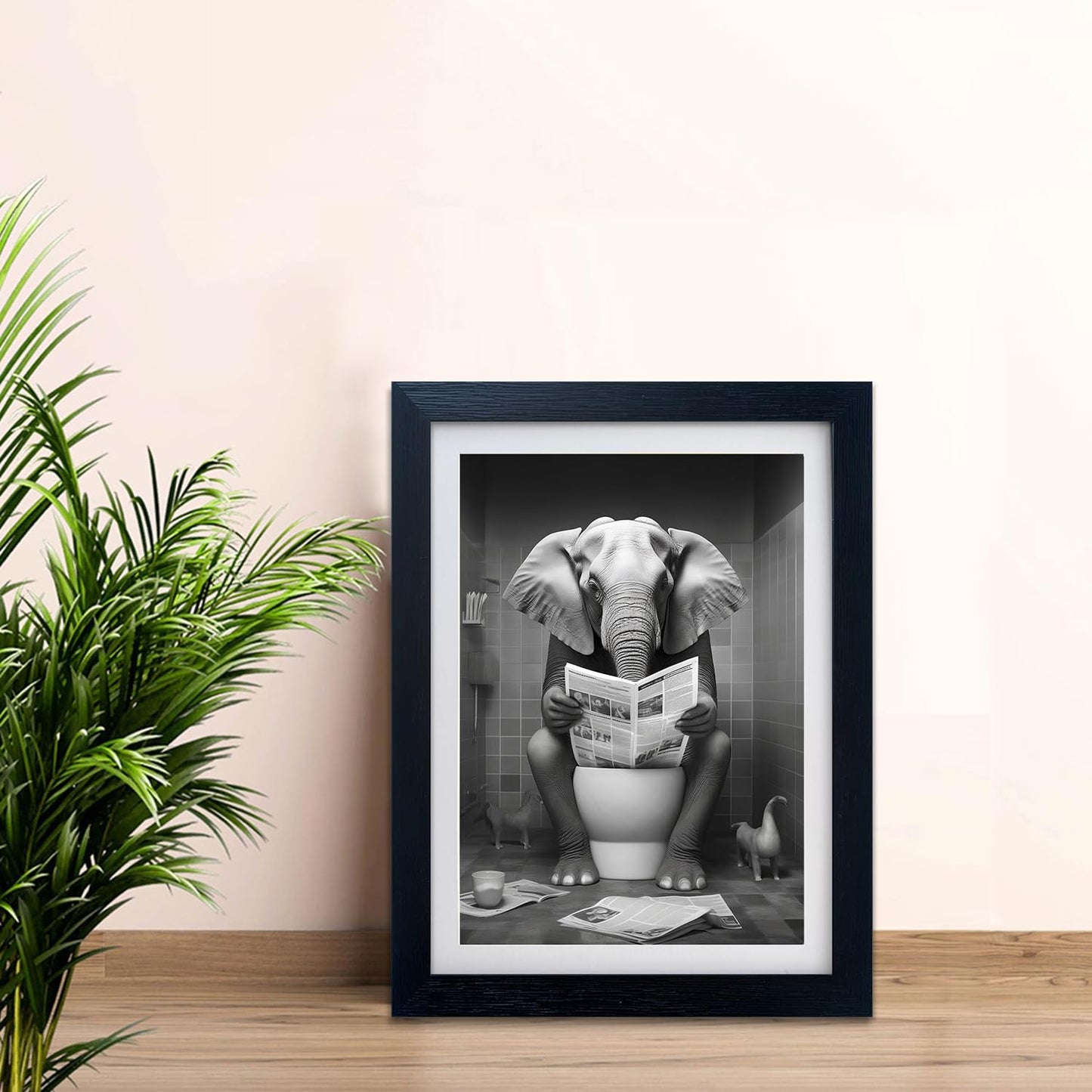 Bathroom Decor Wall Art Black and White Framed Bathroom Picture Canvas Print Elephant in Toilet Reading Newspaper Funny Animal Artwork