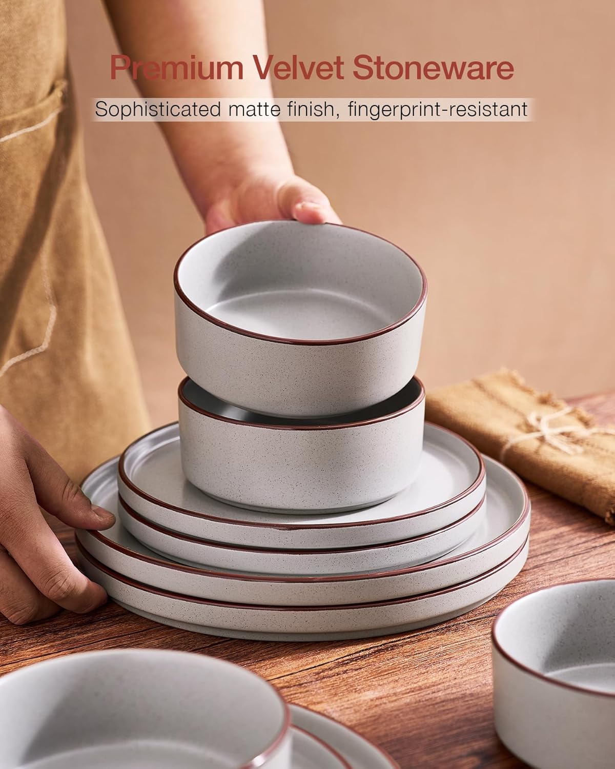 Famiware Nebula Ridge Stoneware Dinnerware Sets, Plates and Bowls Sets for 4, 12 Pieces Dishes Set, Microwave and Dishwasher Safe Kitchen Plates, Light Gray