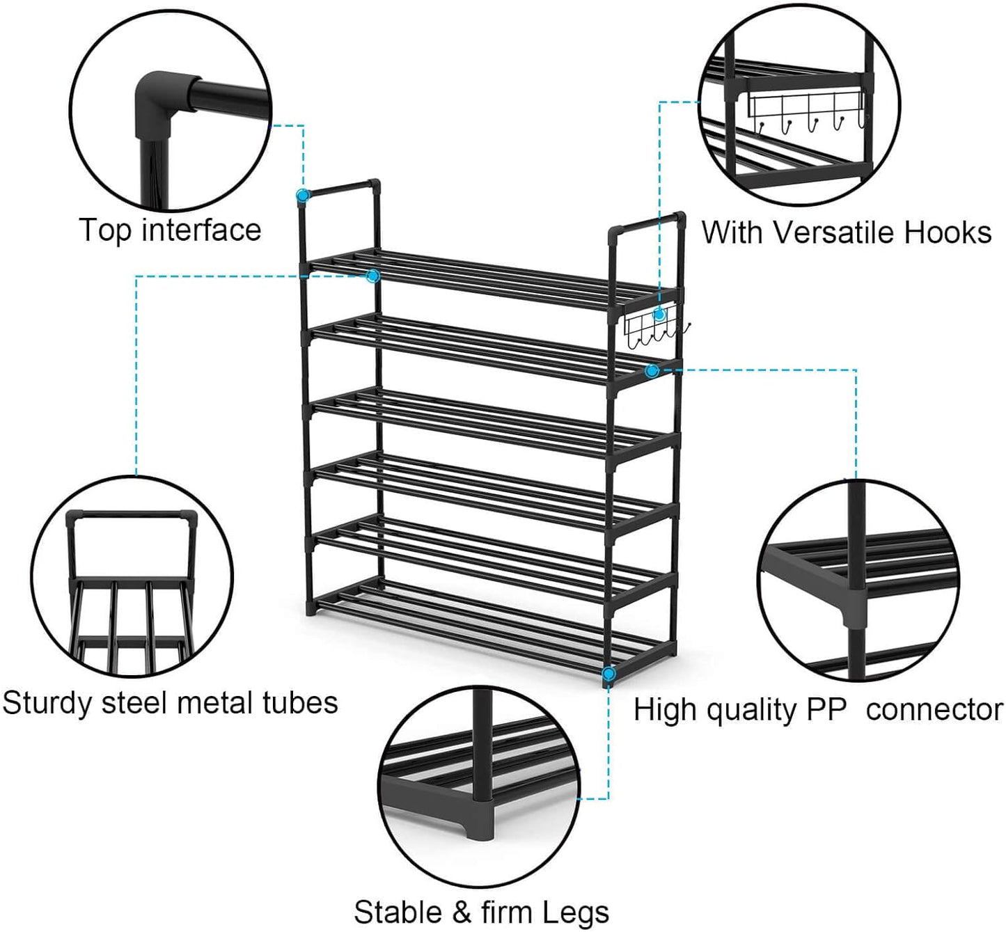 6 Tiers Metal Shoe Rack,Adjustable Shoe Shelf Storage Organizer with Hooks,Stackable Boot & Shoe Storage,for Entryway,Hallway,Closet,Black