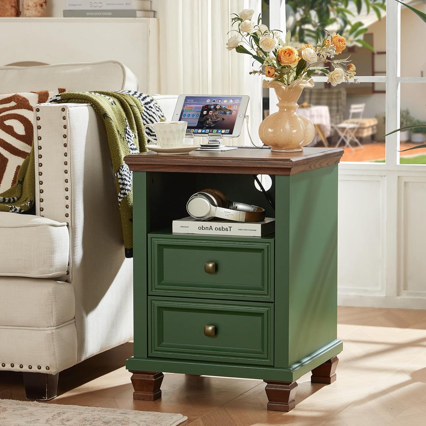 Farmhouse Nightstand Set of 2 with Charging Station, Rustic Green Nightstand,2 Drawers End Table for Living Room,Bedside Table with Open Shelf for Bed Room,Green