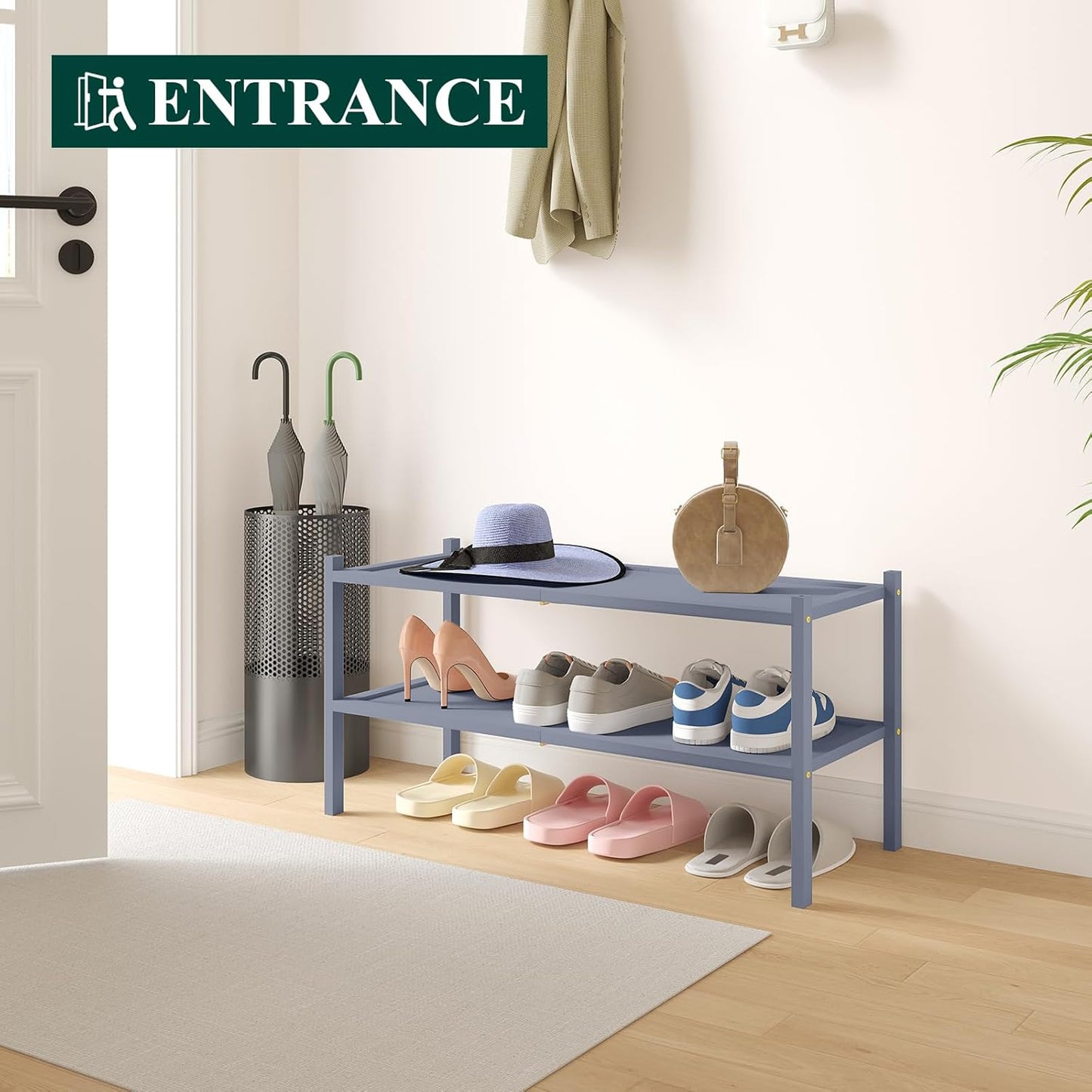 Smiry Bamboo Shoe Rack, 2 Tier Shoe Organizer for Entryway & Closet, Stackable Free Standing Storage Shelf for Shoes, Bags & Plants, Grey