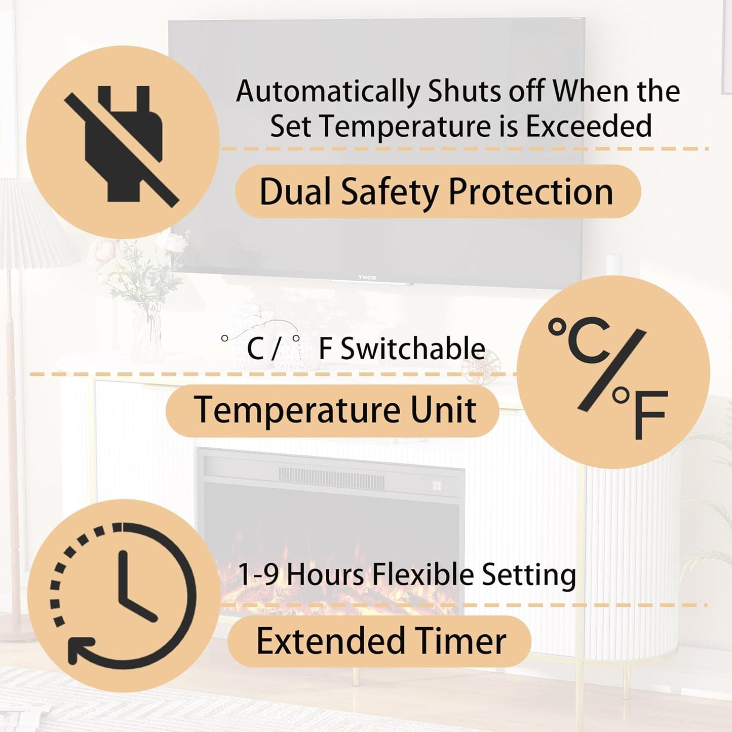 Fluted Fireplace TV Stand: 70" White Entertainment Center for 80 inch TVs with 30" Electric Fireplace, Luxury Media Console with Faux Marble Top, TV Consoles for Living Room