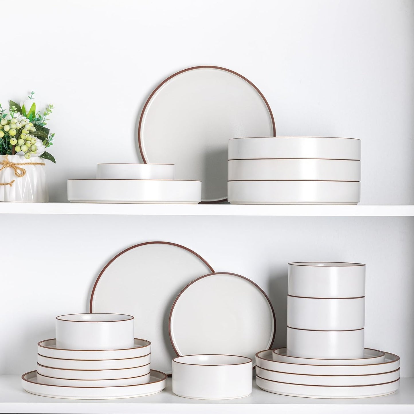 LERATIO Ceramic Dinnerware Sets for 8, High Edge Stoneware Plates and Bowls Set, Chip and Crack Resistant | Oven & Dishwasher & Microwave Safe Dishes Set, Service for 8 -Vanilla White