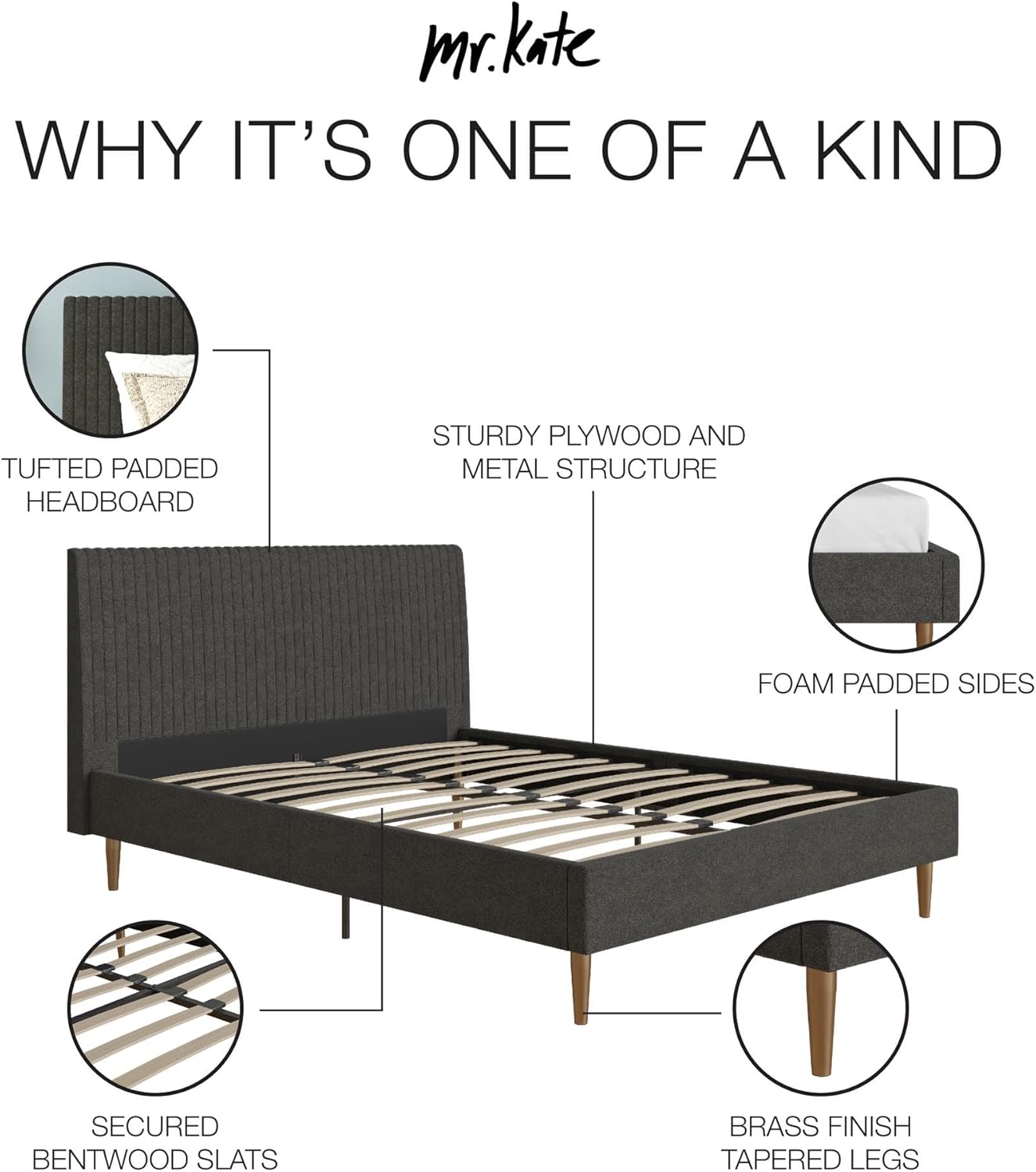 Mr. Kate Daphne Upholstered Queen Bed Frame with Headboard, Modern Platform Queen Bed Frame, Dark Gray Linen