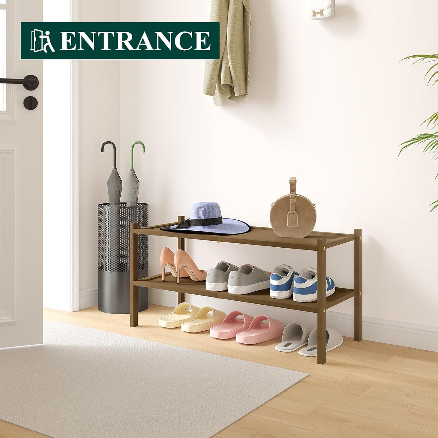 Smiry Bamboo Shoe Rack, 2 Tier Shoe Organizer for Entryway & Closet, Stackable Free Standing Storage Shelf for Shoes, Bags & Plants, Walnut