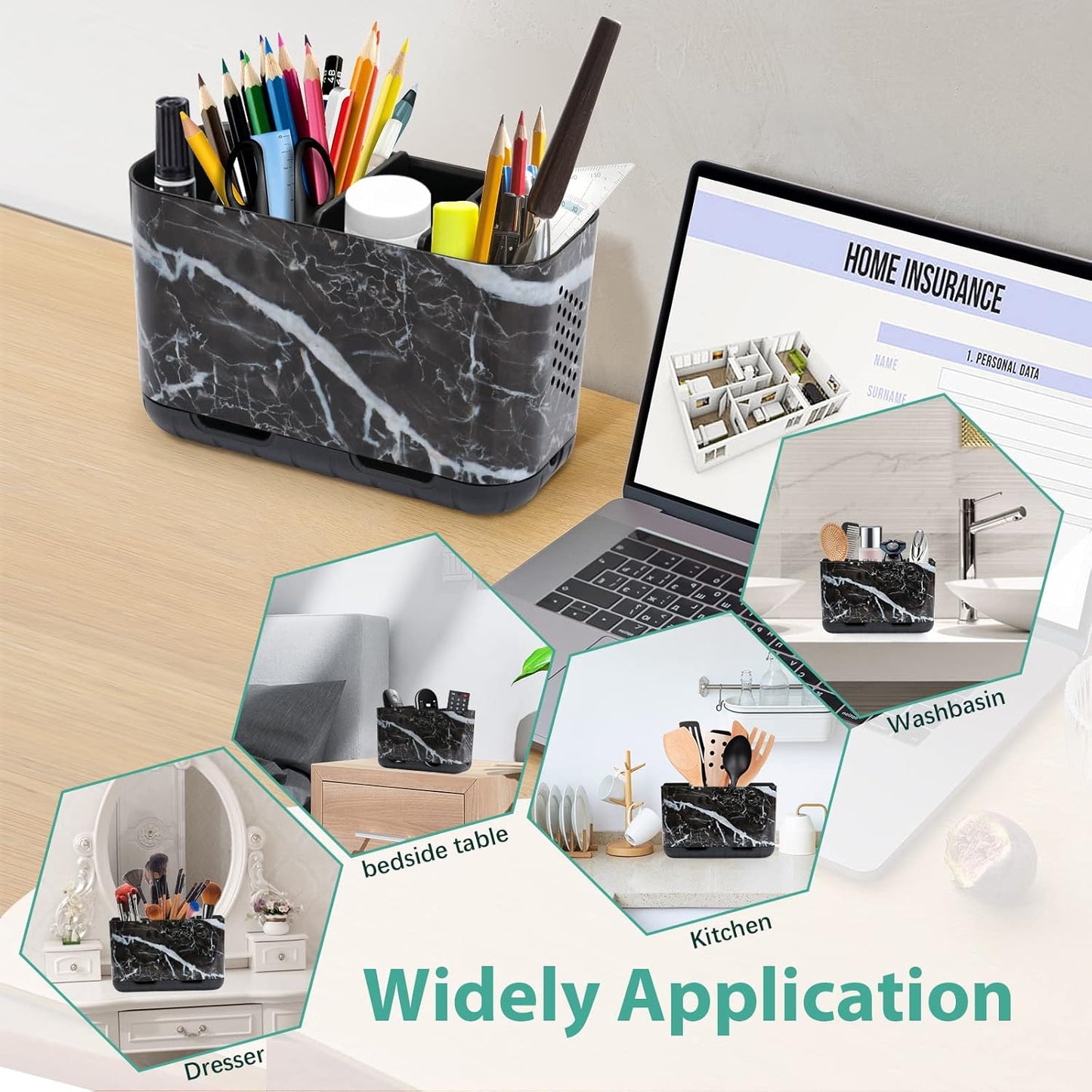 Boperzi Black Toothbrush Holder for Bathroom Toothpaste Organizer Countertop, Detachable Anti-Slip Marble Toothpaste Storage Caddy 6 Slots with Drainage Holes for Makeup Brush Razor Stand