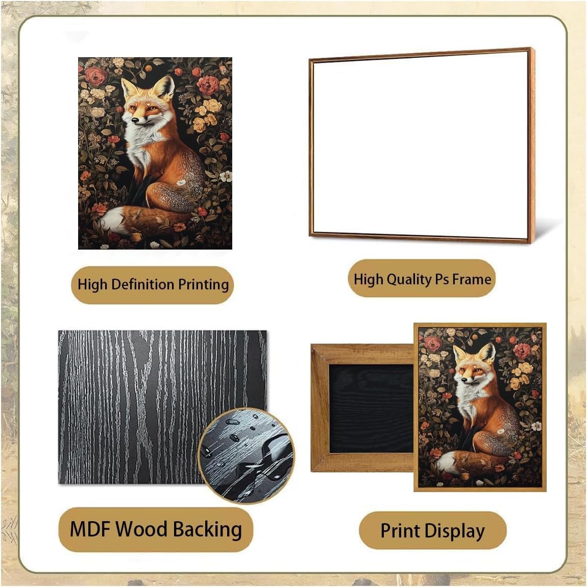 Framed Vintage Wall Art, Boho Canvas Wall Art, Dark Flowers Pictures, Nature Botanical Wall Decor, Fox Animal Paintings Prints, for Living Room Bedroom Home Decor 8x10in