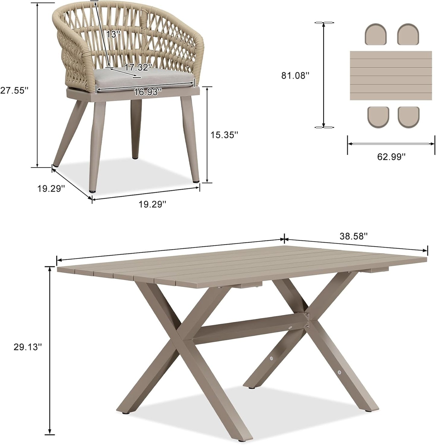 PURPLE LEAF 5 Pieces Outdoor Dining Set All-Weather PE Rattan Outdoor Patio Furniture Set with All Aluminum Frame Rectangular Table and Chairs Set for Lawn Garden Backyard Deck, Champagne