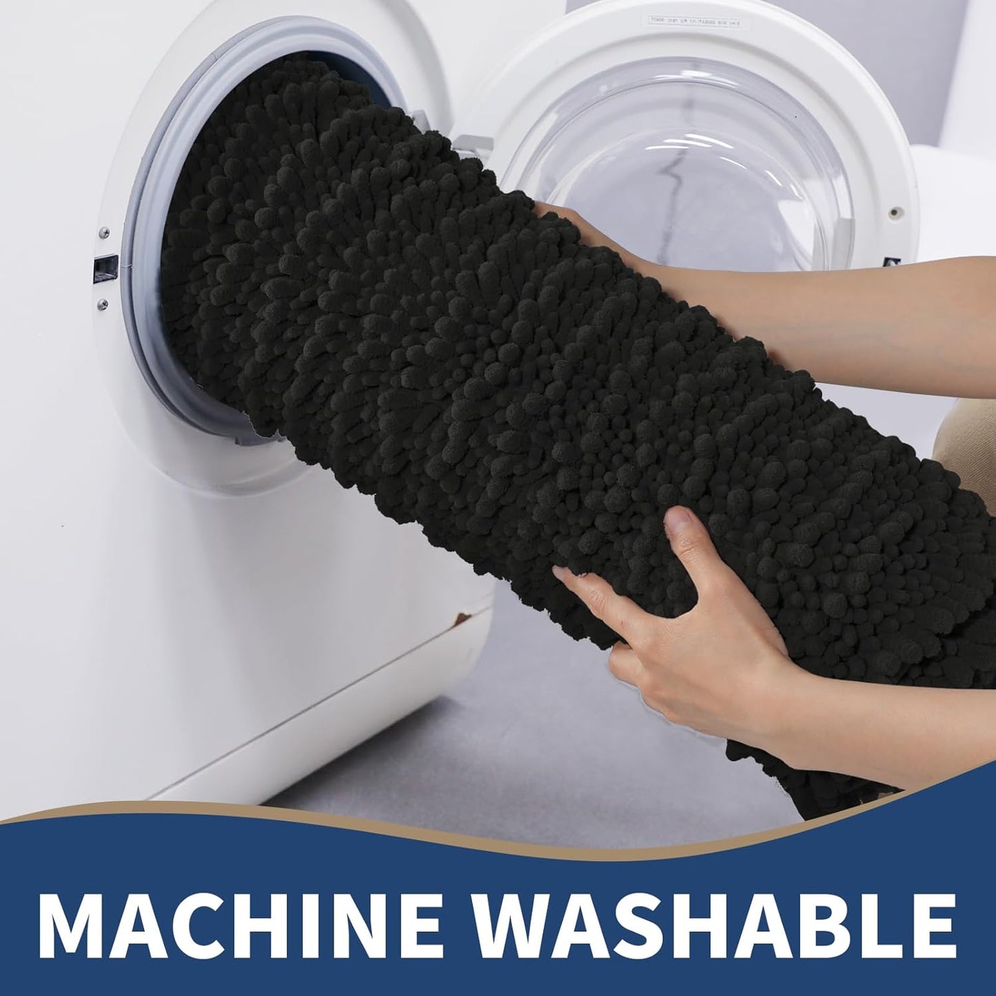 Yimobra Bathroom Rugs Sets 2 Piece - Quick Dry Extra Thick Luxury Chenille Bath Mat, Non Slip Super Absorbent for Tub Shower Sink, Machine Washable Shaggy Floor Mat, 32"x20"+24"x17" Inch, Black