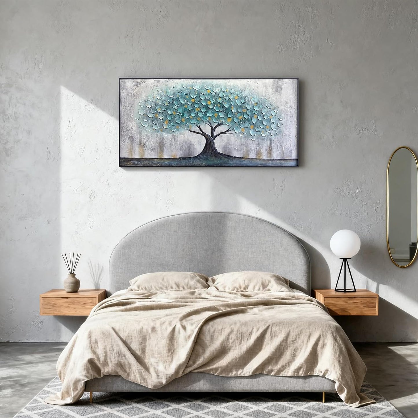 Teal Blue Tree of Life Canvas Wall Art, Hand Painted Modern Abstract Textured Painting, Large Framed Panoramic Landscape wall art for Living Room, Bedroom, Office, Home Decor 40"x20"