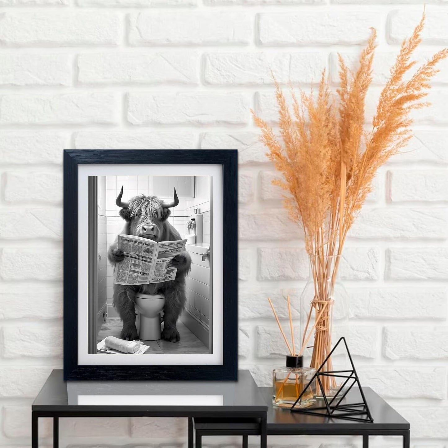 Highland Cow Wall Art Bathroom Pictures Wall Decor Cow on Toilet Black and White Funny Animal Canvas Print Artwork