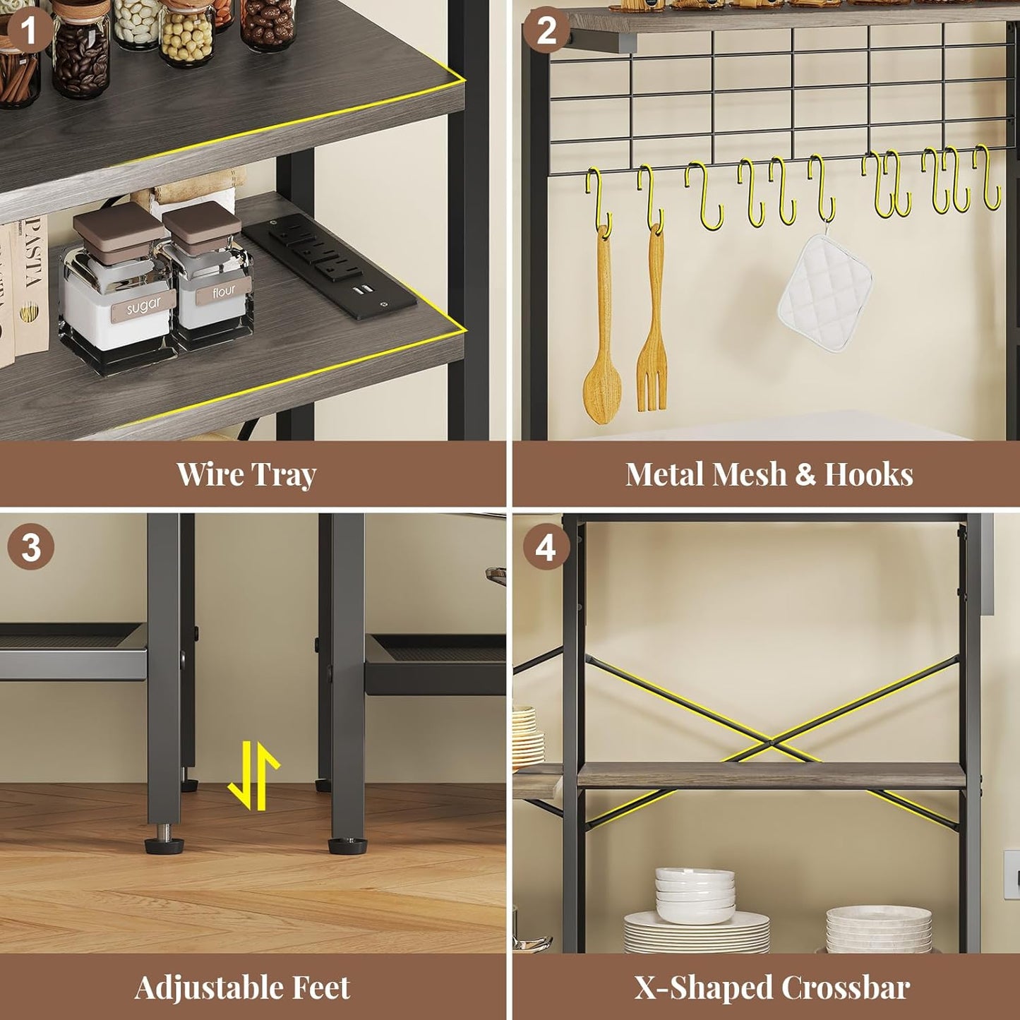 L-Shaped Bakers Rack with Power Outlets, 6-Tier Microwave Stand with Hooks, Coffee Bar with Open Storage, Mesh Grid, Kitchen Shelf with Wire Basket, Grey