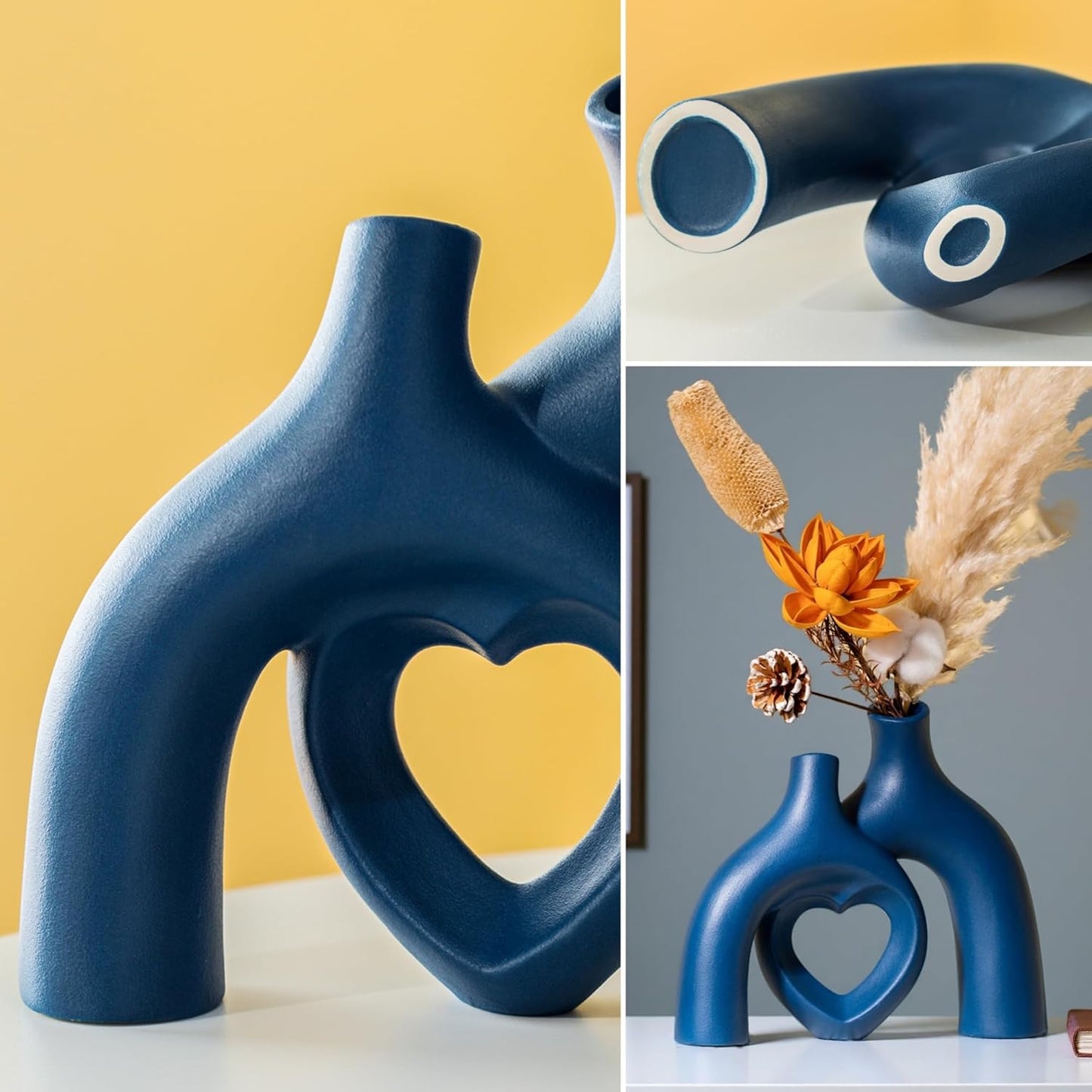 Snuggle Hollow Ceramic Decorative Vase, Modern Minimalist Nordic Boho Ins Style Vases for Home Decor Living Room Shelf Entryway Coffee Table or Console Dรฉcor (Matte Navy Blue)