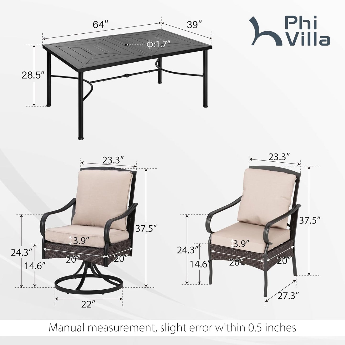 PHI VILLA 7-Piece Outdoor Dining Set, Heavy Duty Patio Table and Chairs Set with Umbrella Hole for 6, 64" Rectangular Patio Metal Table & Iron Wicker Dining Chairs with Cushions, 2 Swivel