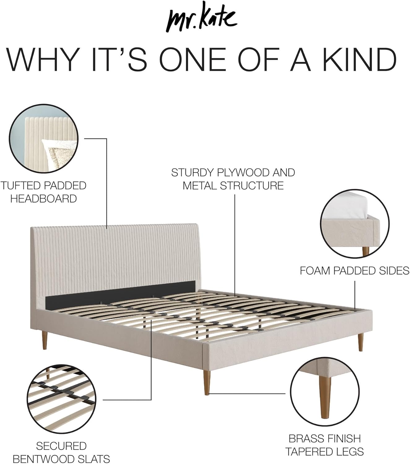 Mr. Kate Daphne Upholstered Bed with Vertical Channel Tufted Headboard, King, Ivory Velvet