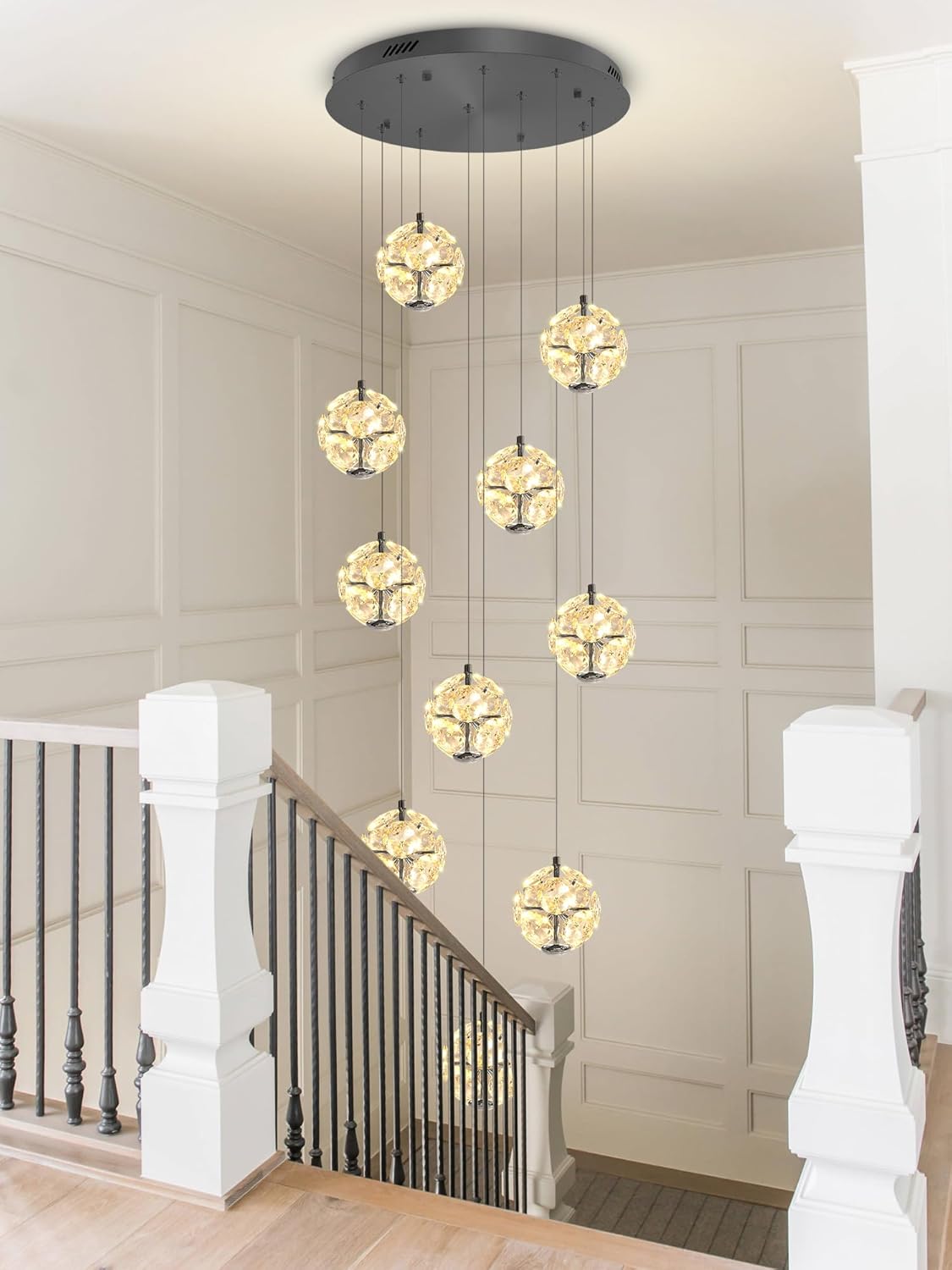 10-Light LED Staircase Chandelier Modern Pendant Light Black Crystal Globe Chandeliers Large Chandeliers for High Ceilings, Entryway Lighting Fixture Villas and Stairs
