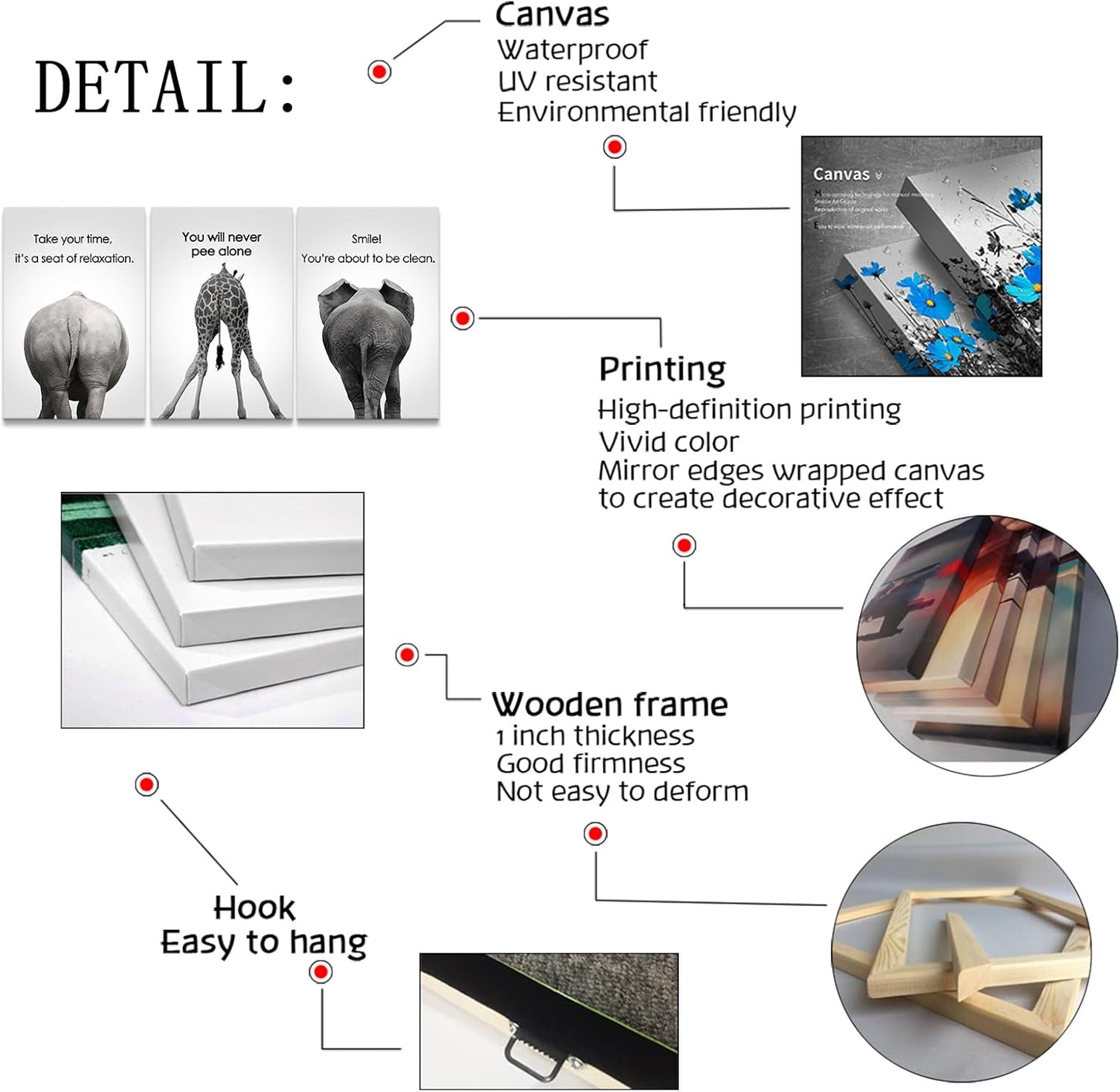 Mistyefly 3 Pieces Bathroom Wall Art - Funny African Animal Canvas With Quotes for Decor (20"Wx28"Hx3PCS)