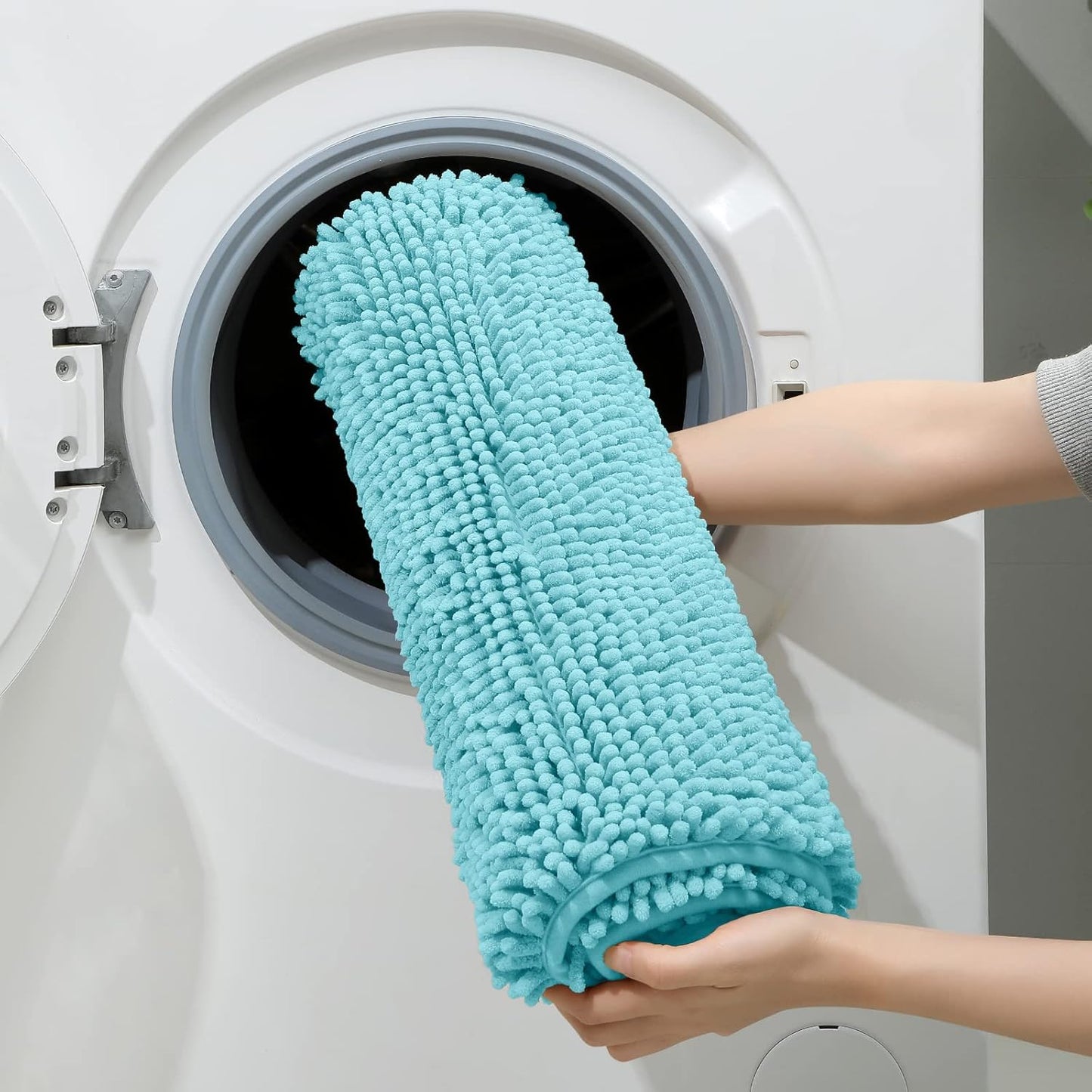 HOMEIDEAS 3 Pieces Bathroom Rugs, Ultra Soft Non Slip Absorbent Chenille Toilet Bath Mat Set (Aqua Blue,17"x24"+20"x32"+U Shape 20"x24")