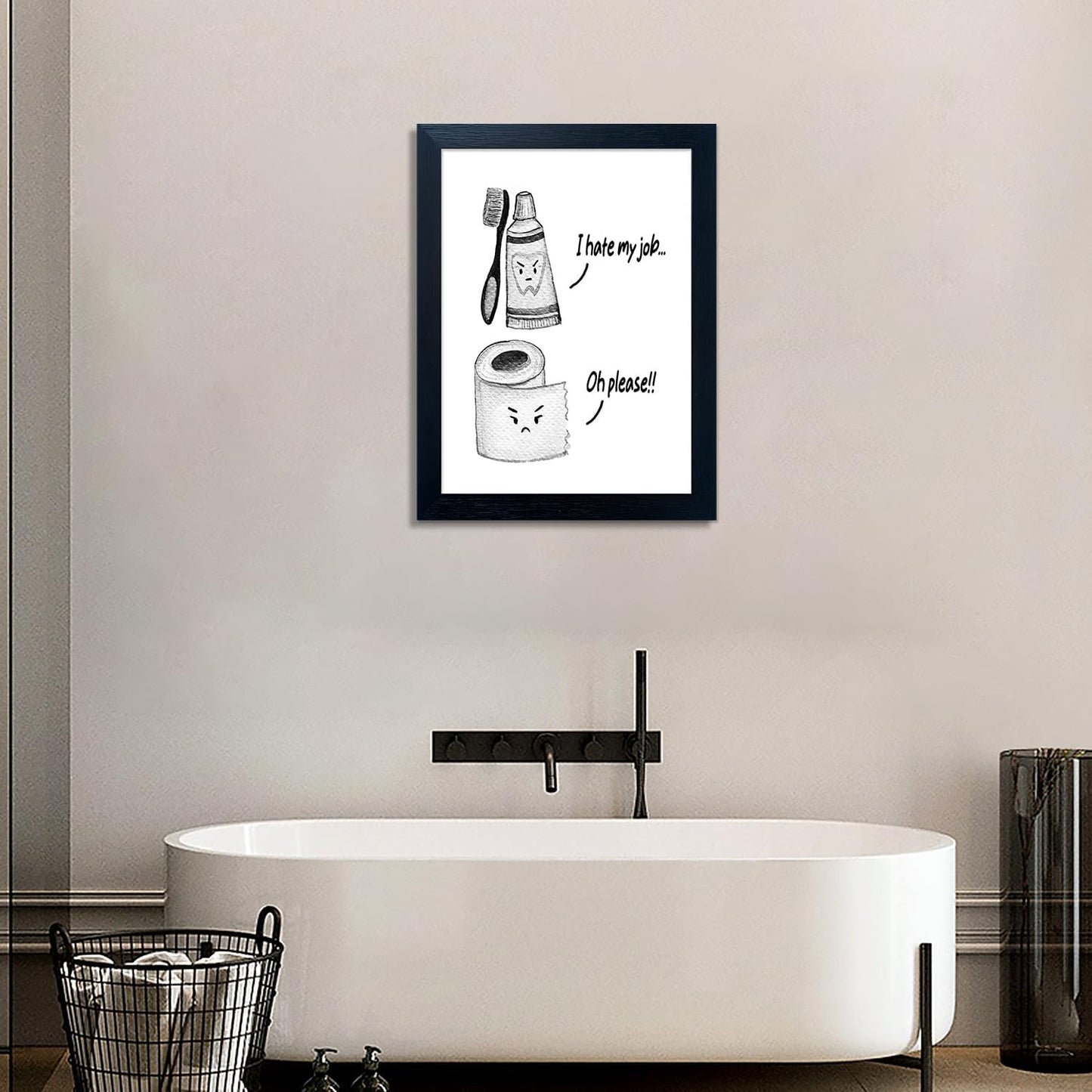 Kids Bathroom Decor Wall Art Black and White Bathroom Print Funny Toliet Paper and Toothbrush Picture Framed Artwork for Children's Washroom