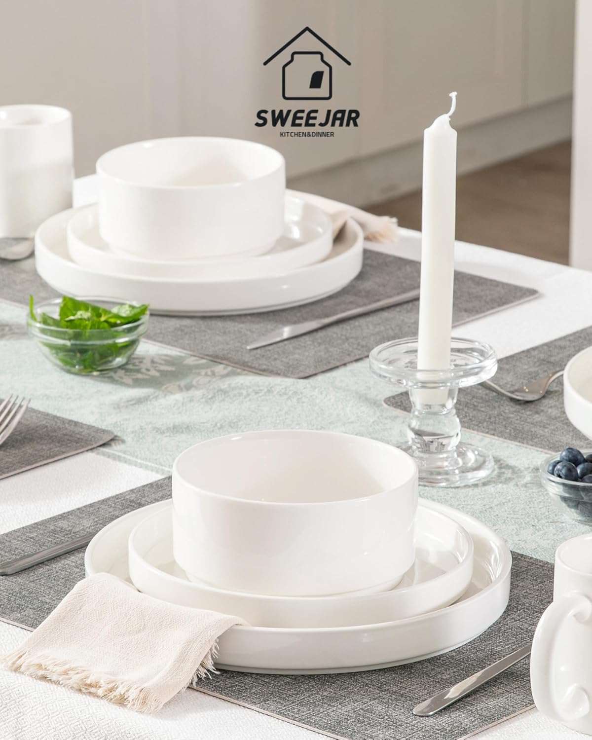 Sweejar Porcelain Dinnerware Sets for 4, 12 Pieces Ceramic Plates and Bowls Set, Classic Modern Simple Kitchen Dinner Dining Ware Set, Dishwasher and Microwave Safe Dishes Sets(Pure White)