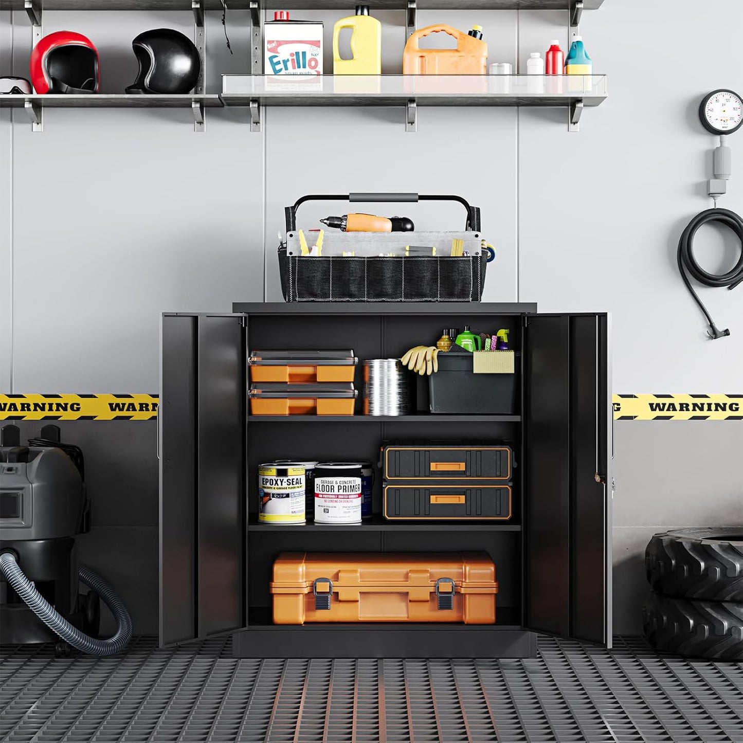 Yizosh Metal Garage Storage Cabinet with 2 Doors and 2 Adjustable Shelves - 35.5" Steel Lockable File Counter Cabinet for Home Office,Garage,Gym,School(Black)