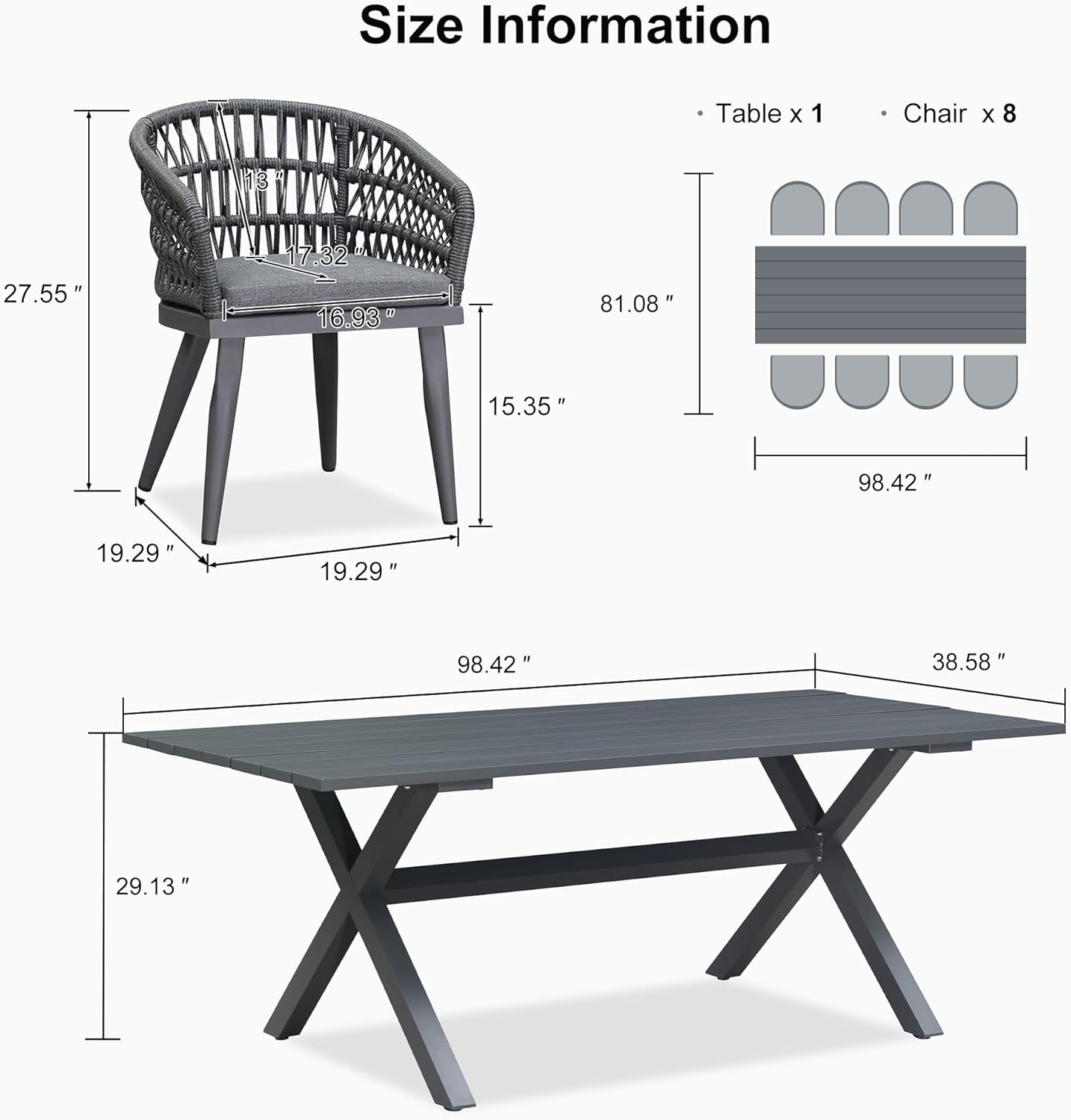 PURPLE LEAF Outdoor Dining Set All-Weather PE Rattan Outdoor Patio Dining Furniture Set with All Aluminum Frame Rectangular Table and 8 Chairs Set for Lawn Garden Backyard Deck, Grey