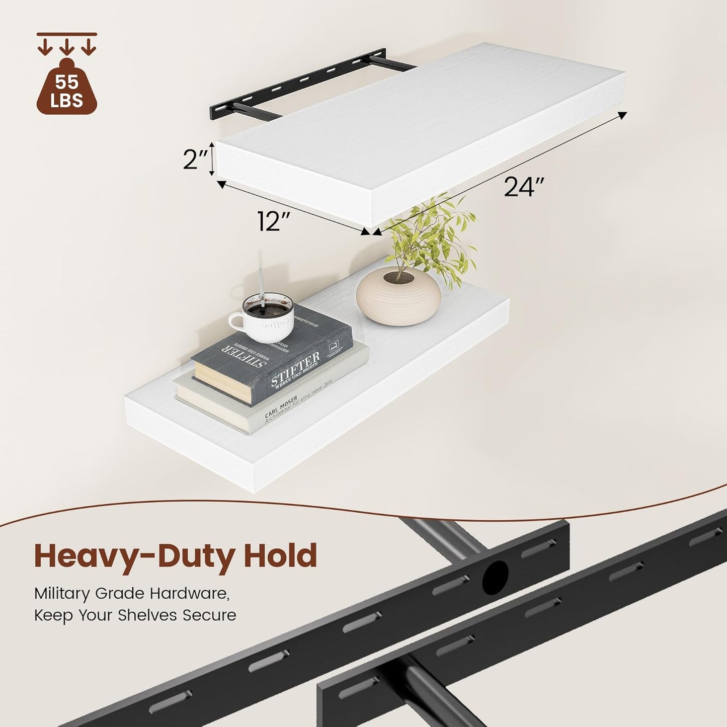 Vivelove White Floating Shelves for Wall, 24 Inch X 12 Deep Shelves for Room Wall Mounted,2" Thick Heavy Duty Holds 55lbs Floating Shelf for Bedroom Bathroom Kitchen Laundry Room, Set of 2