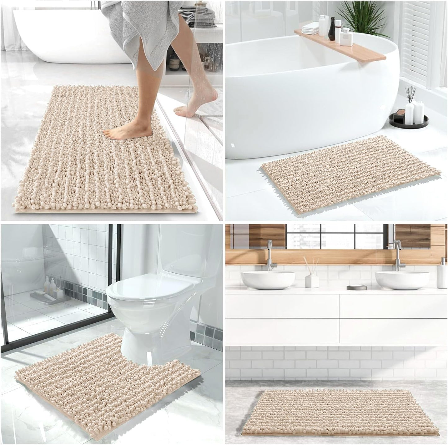 Yimobra Bathroom Rugs Sets 2 Piece - Quick Dry Extra Thick Luxury Chenille Bath Mat, Non Slip Super Absorbent for Tub Shower Sink, Machine Washable Shaggy Floor Mat, 32"x20"+24"x20" Inch, Light Brown