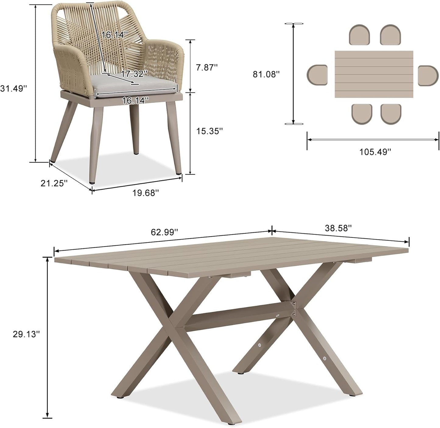 PURPLE LEAF 7 Pieces Outdoor Dining Set All-Weather PE Rattan Outdoor Patio Furniture Set with All Aluminum Frame Rectangular Table and Chairs Set for Lawn Garden Backyard Deck, Champagne