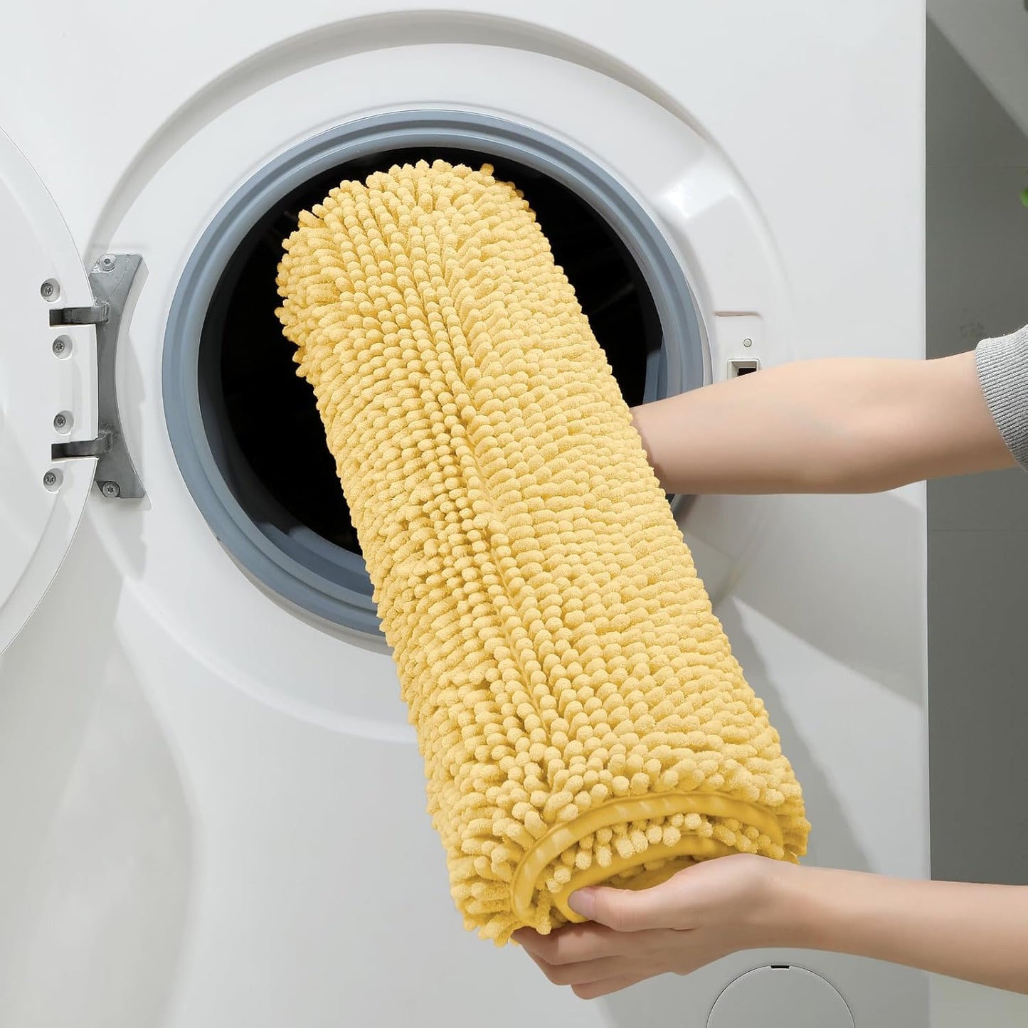 HOMEIDEAS 3 Pieces Bathroom Rugs, Ultra Soft Non Slip Absorbent Chenille Toilet Bath Mat Set (Yellow,17"x24"+20"x32"+U Shape 20"x24")