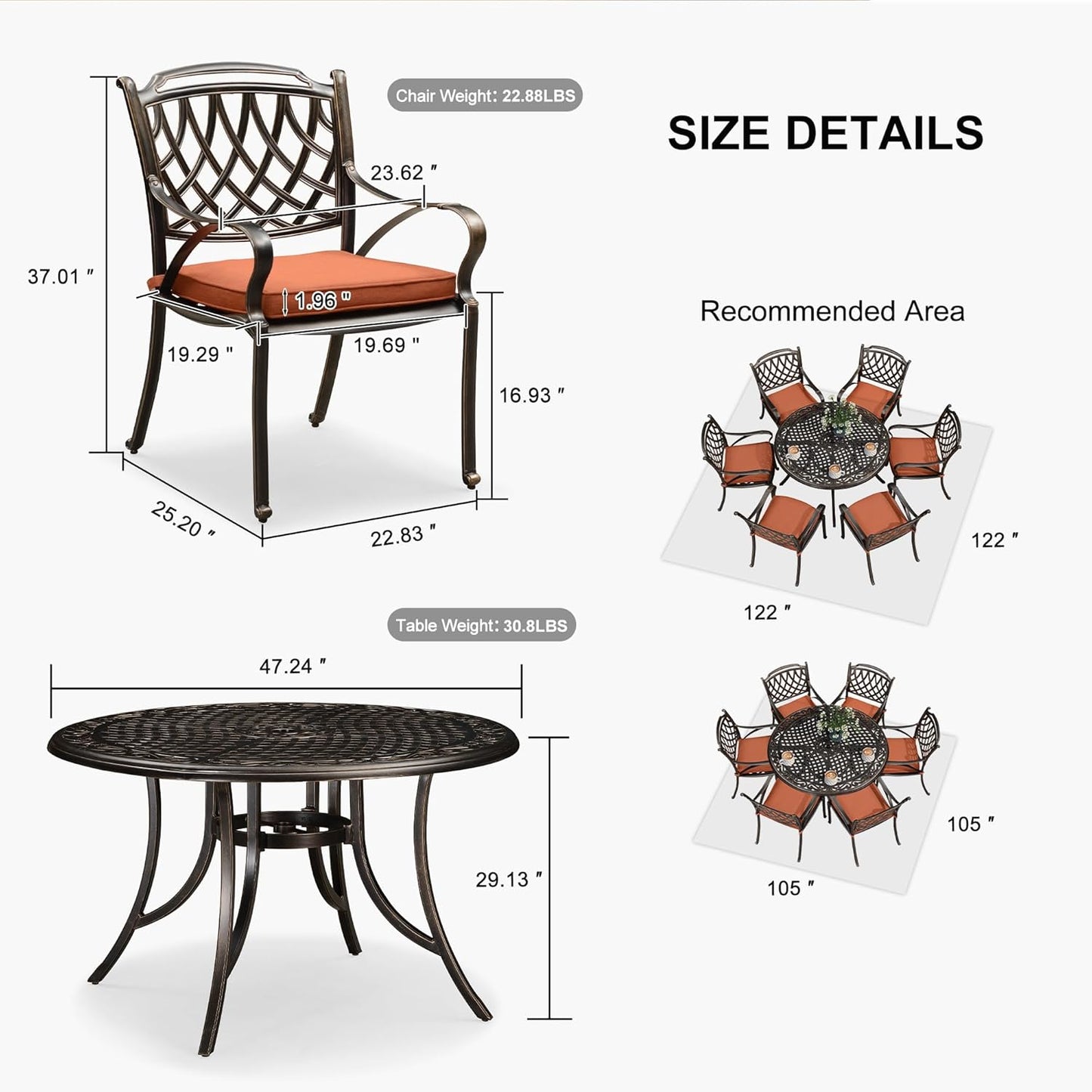 PURPLE LEAF Patio Dining Set Cast Aluminum 7-Piece Patio Furniture Set with 6 Dining Armchairs and 47" Round Table, 6 Cushions Included, for Lawn Yard Garden, Rhombic Brick Red Outdoor Dining Set