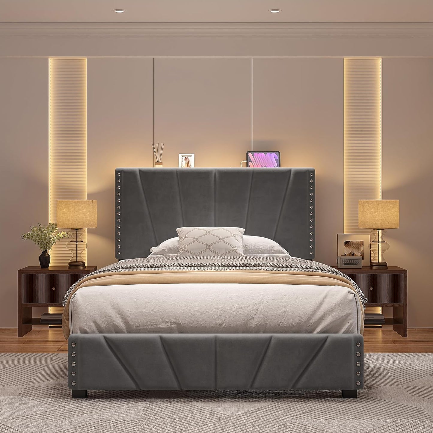 EnHomee Twin Bed Frame, Velvet Bed Frame with Headboard and Led Light, Platform Bed Frame for Bedroom Apartment, Dorm, Noise-Free, Easy Assembly, Dark Gray