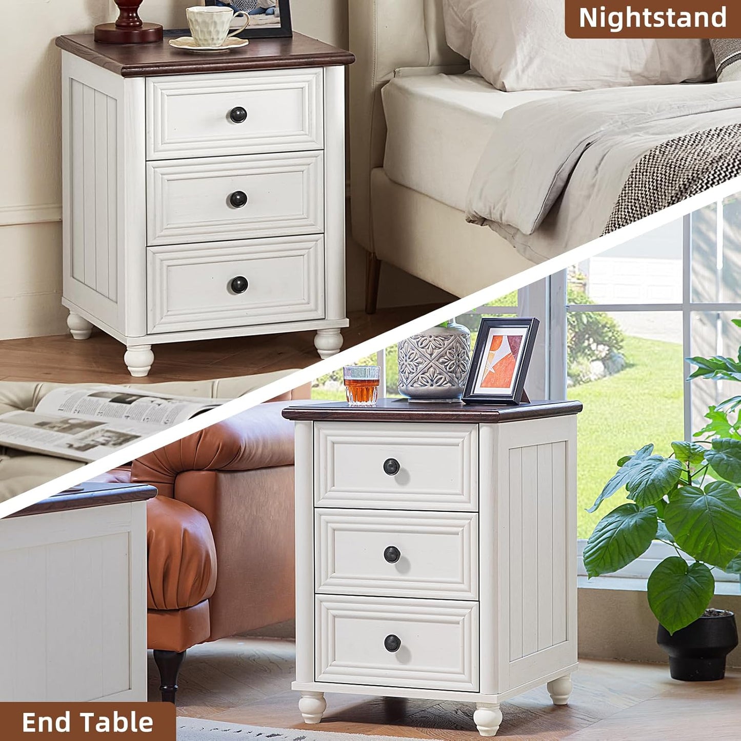 18" Farmhouse Nightstand with Charging Station and USB Port, White Night Stand with 3 Drawers, Wood Bedside End Table with Storage, Bed Side Tables for Bedroom Living Room and Closet