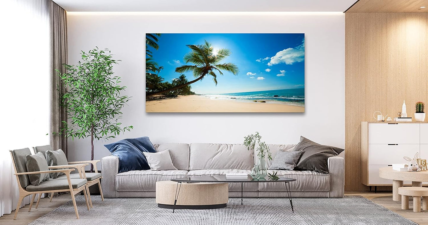 Muolunna X0675 Large Canvas Wall Art Summer Ocean Waves Prints Coconut Trees Beach Seascape Painting Hawaii Sea Nature Pictures Stretched and Framed for Living Room Home Office Wall Decor Artwork, 30x60inch x1pcs