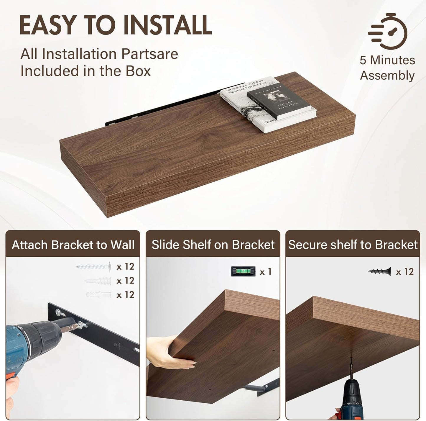 30 Inch Floating Shelves, 12" Deep Floating Shelf Wall Mounted, 30" Wall Shelves, Rustic Deep Bookshelf, Extra Deeper & Thicker Display Shelves for Bedroom, Living Room, Walnut, Set of 2