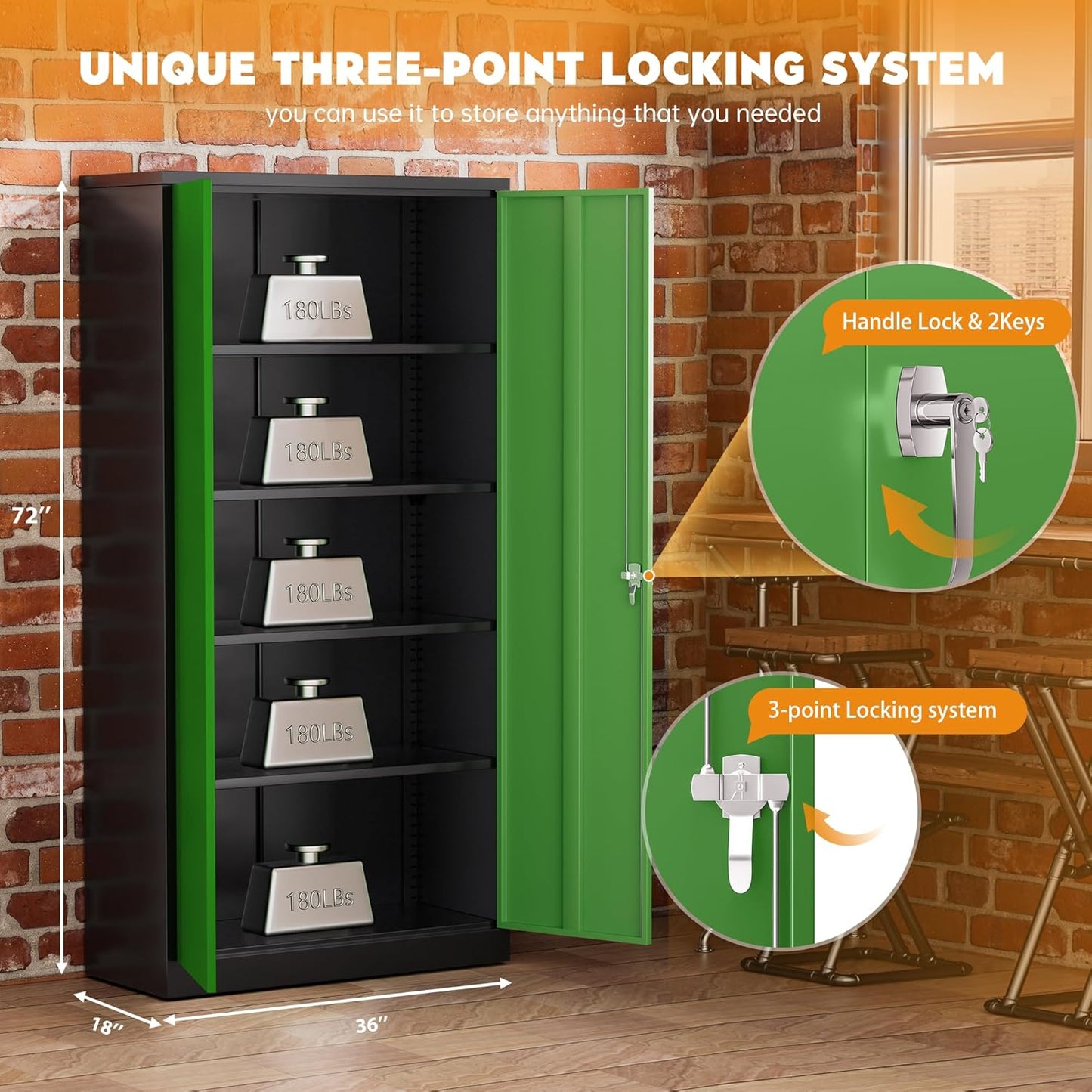 Greenvelly Metal Garage Storage Cabinet with 2 Doors and 4 Adjustable Shelves, 72”H Steel Lockable Storage Cabinet,Tall Metal Cabinet Locking File Cabinet for Office,Home, Garage, Gym, School